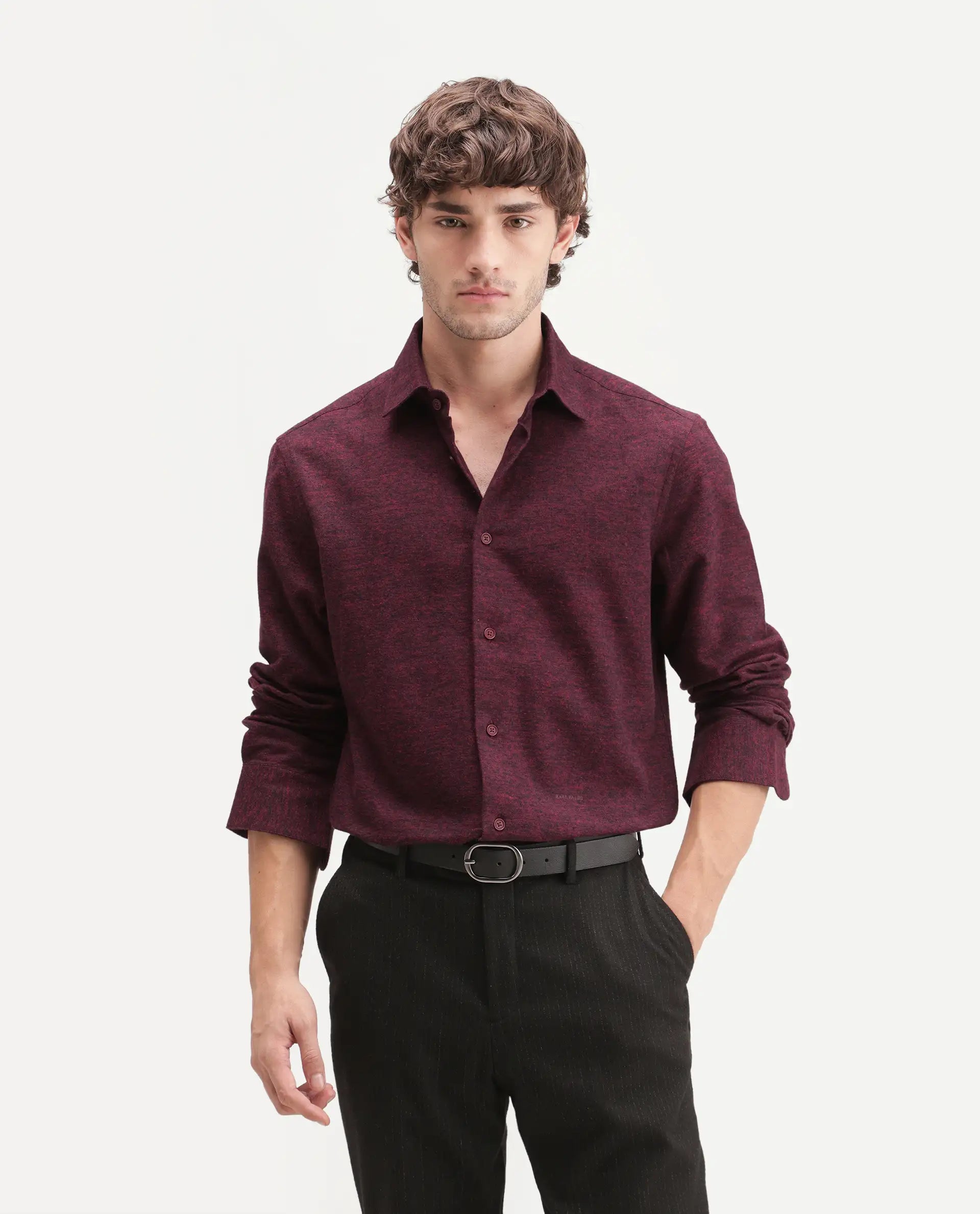 Rare Rabbit Men's Flark Dark Maroon Cotton Spread Collar Regular Plain Shirt