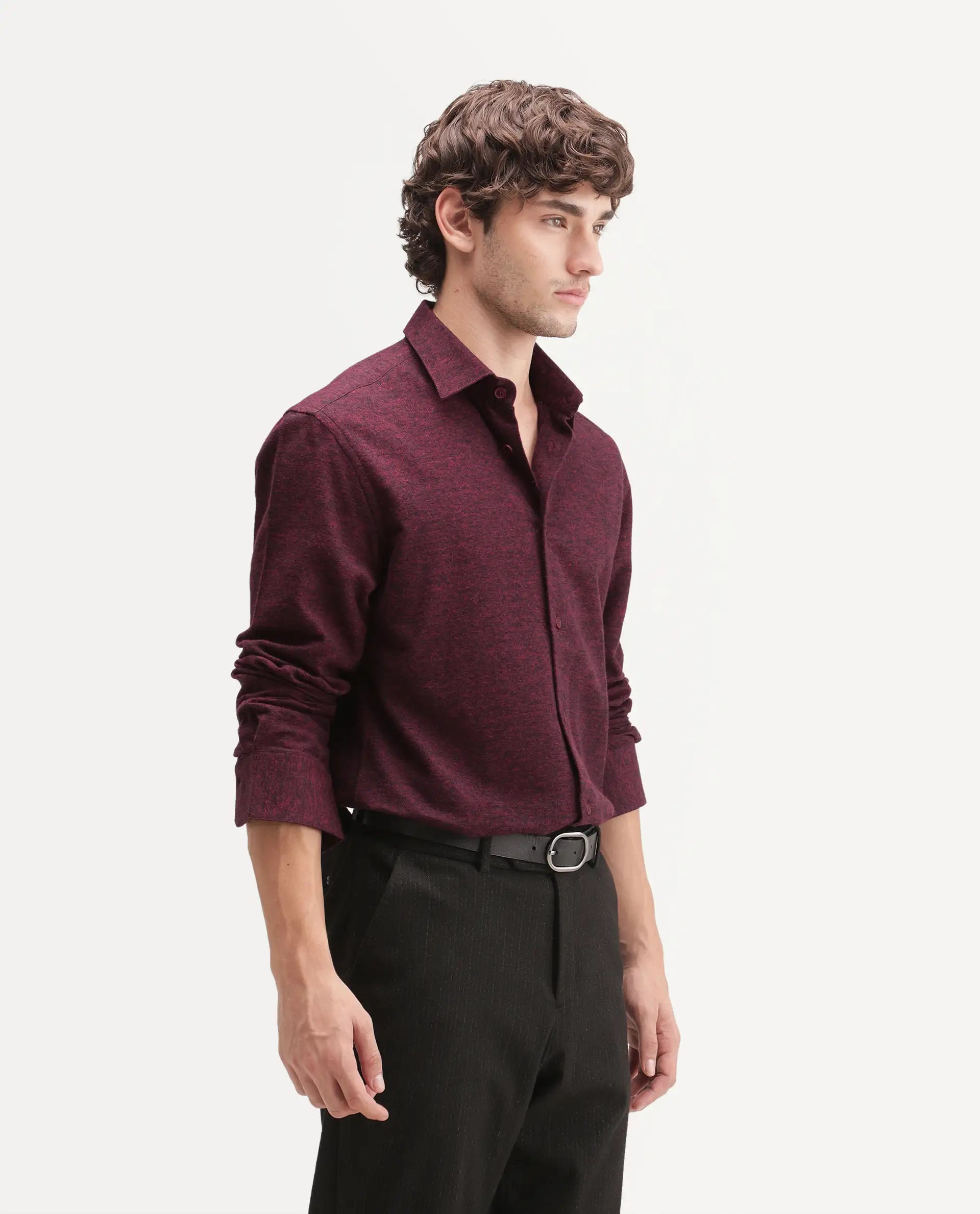 Rare Rabbit Men's Flark Dark Maroon Cotton Spread Collar Regular Plain Shirt