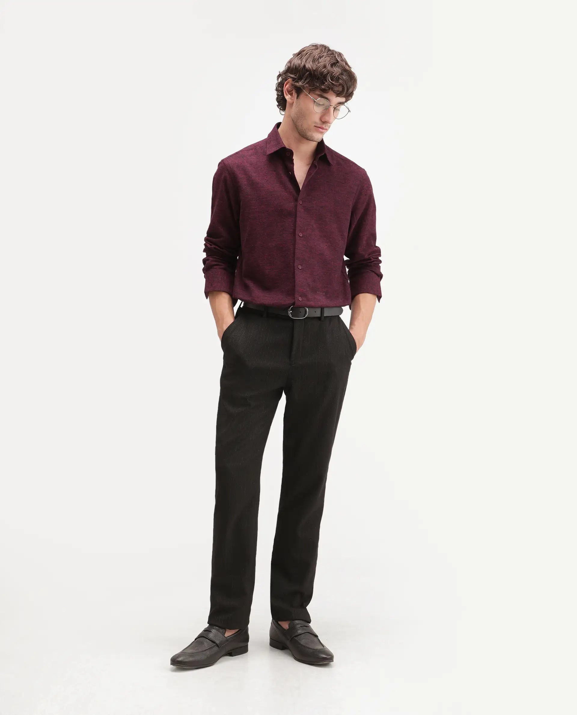 Rare Rabbit Men's Flark Dark Maroon Cotton Spread Collar Regular Plain Shirt