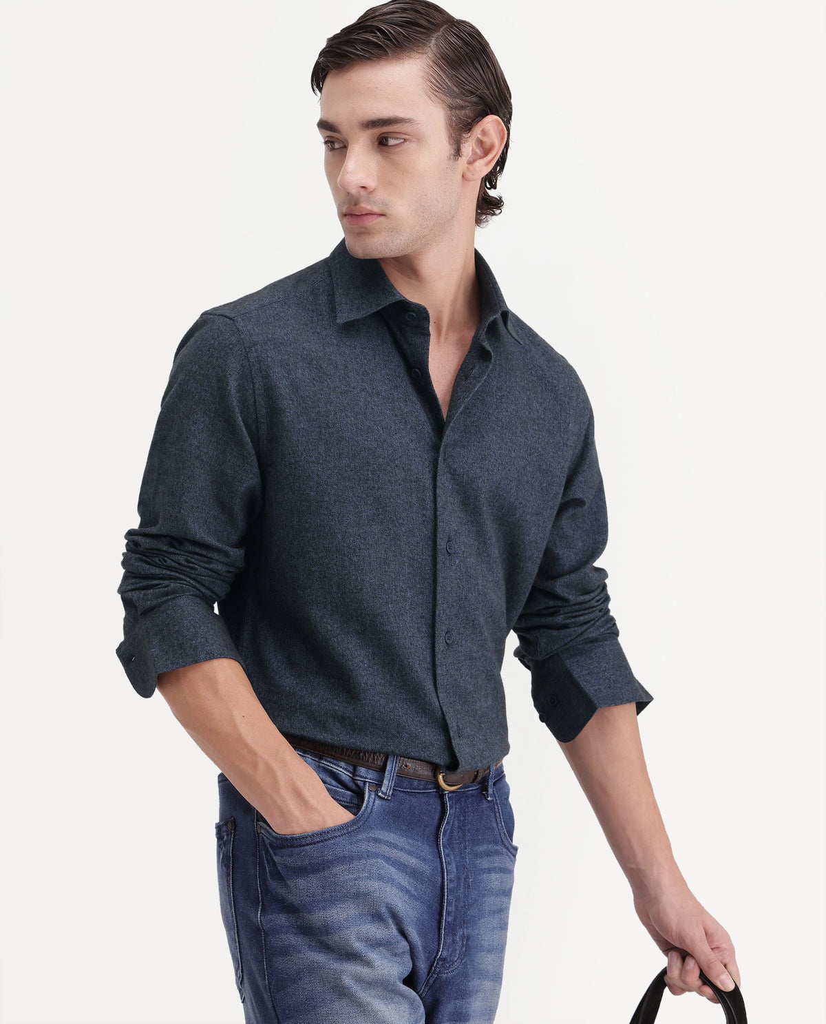 Rare Rabbit Men's Flark Dark Grey Cotton Spread Collar Regular Plain Shirt
