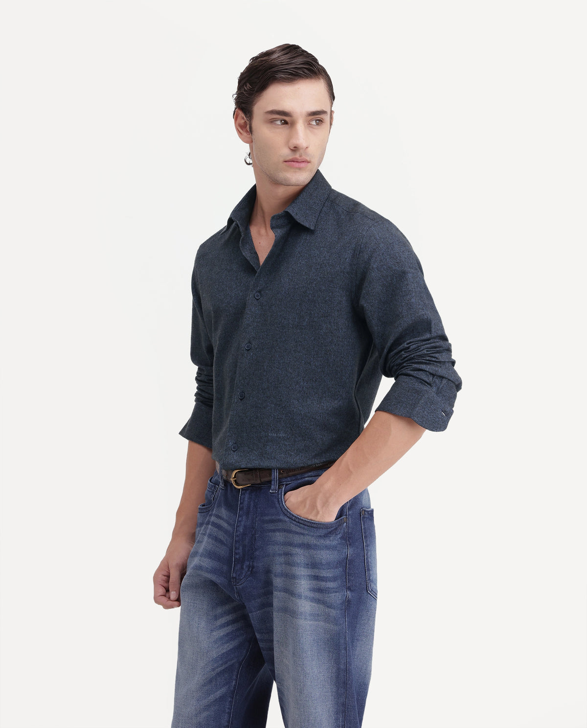 Rare Rabbit Men's Flark Dark Grey Cotton Spread Collar Regular Plain Shirt