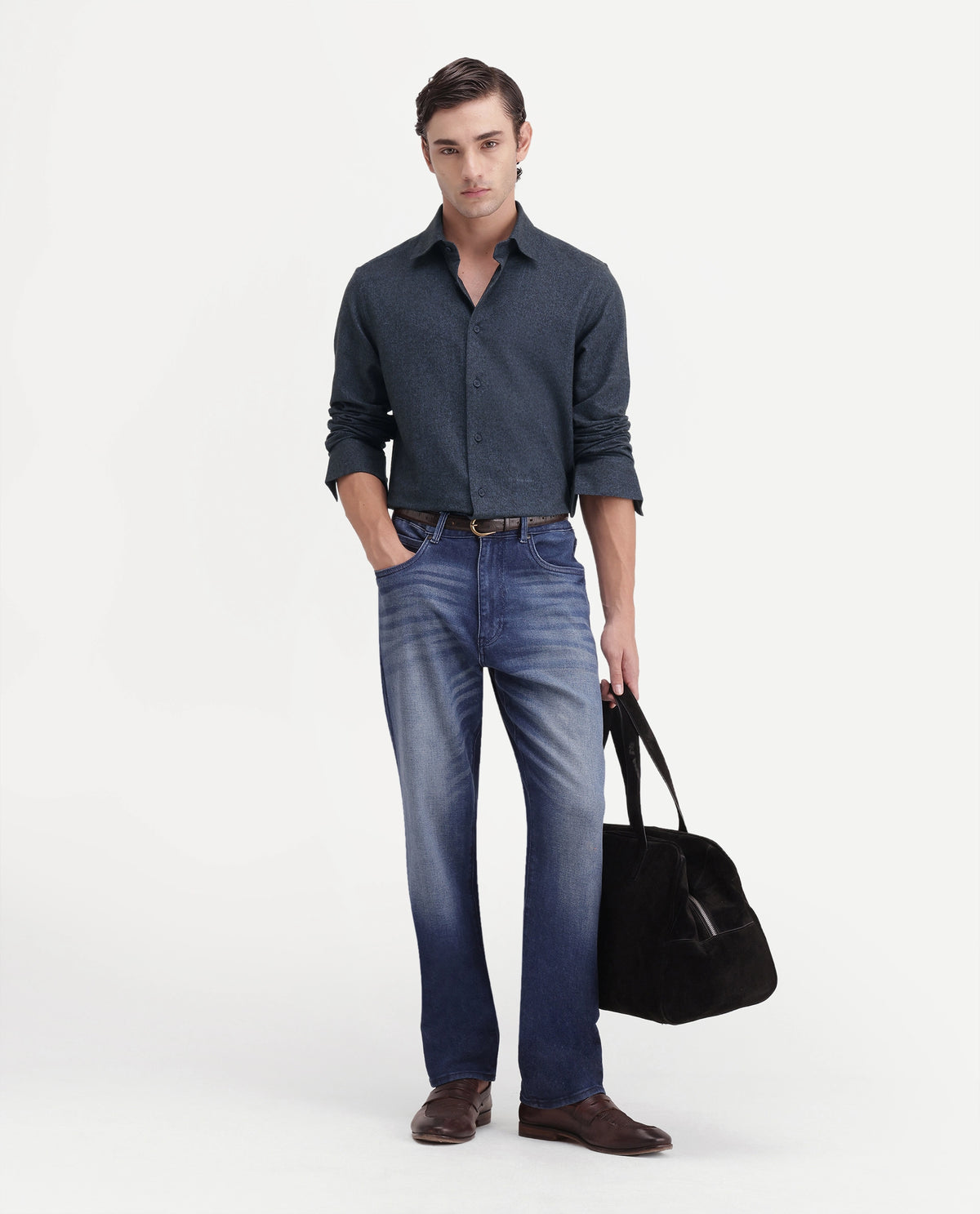 Rare Rabbit Men's Flark Dark Grey Cotton Spread Collar Regular Plain Shirt