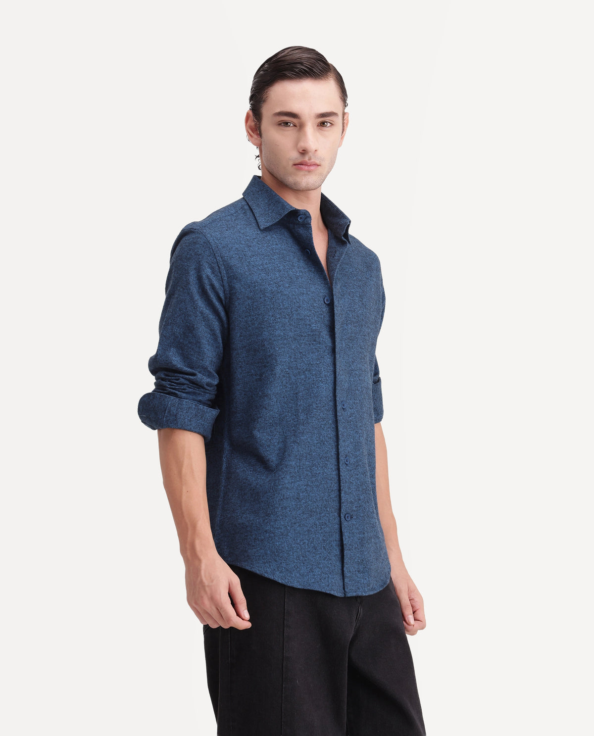 Rare Rabbit Men's Flark Dark Blue Cotton Spread Collar Regular Plain Shirt