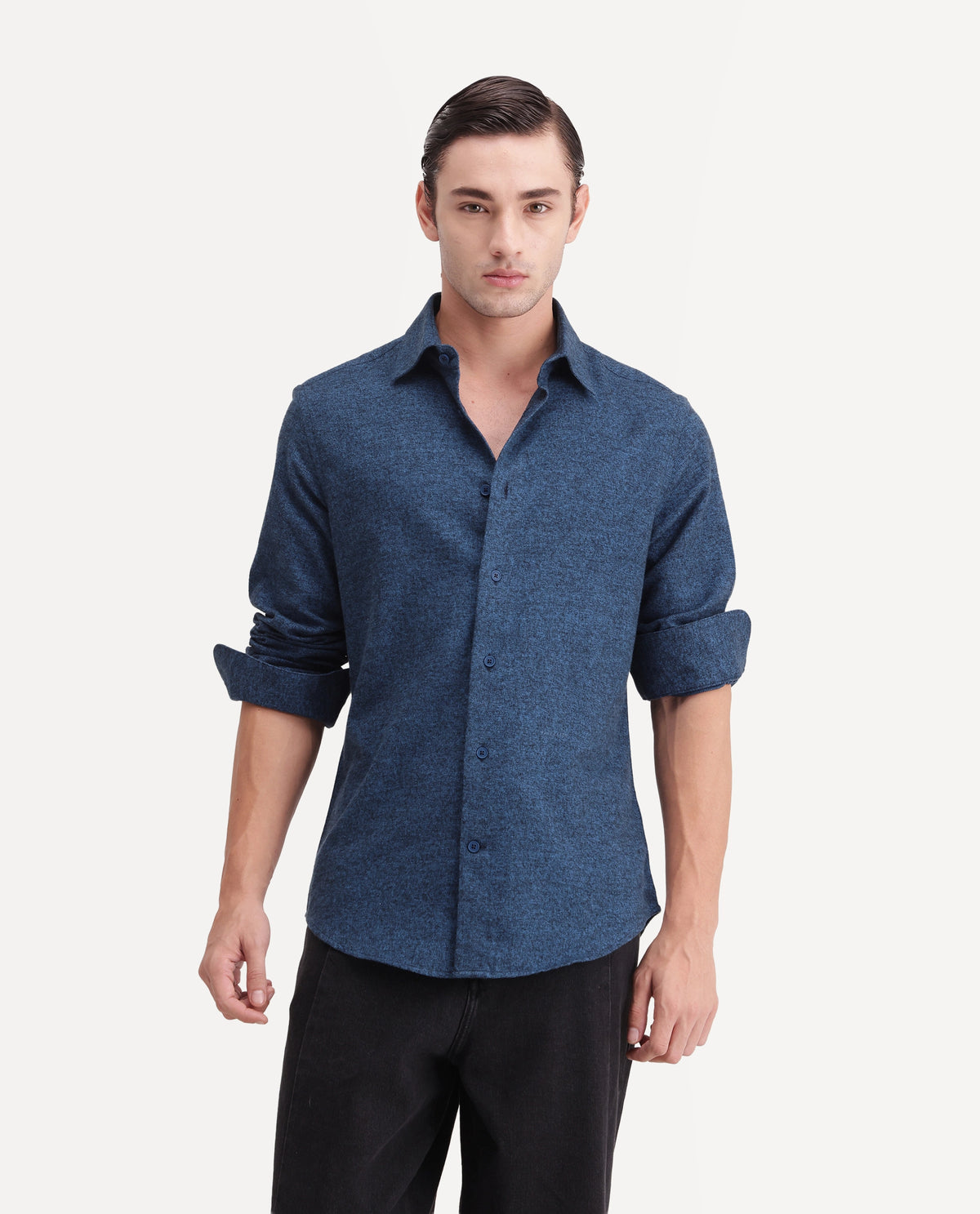 Rare Rabbit Men's Flark Dark Blue Cotton Spread Collar Regular Plain Shirt
