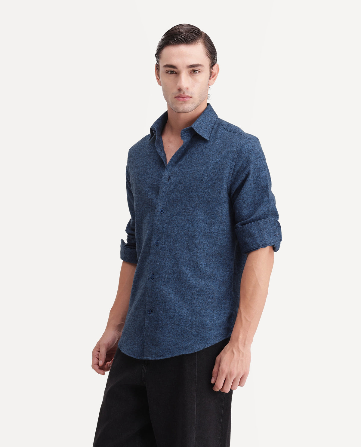 Rare Rabbit Men's Flark Dark Blue Cotton Spread Collar Regular Plain Shirt