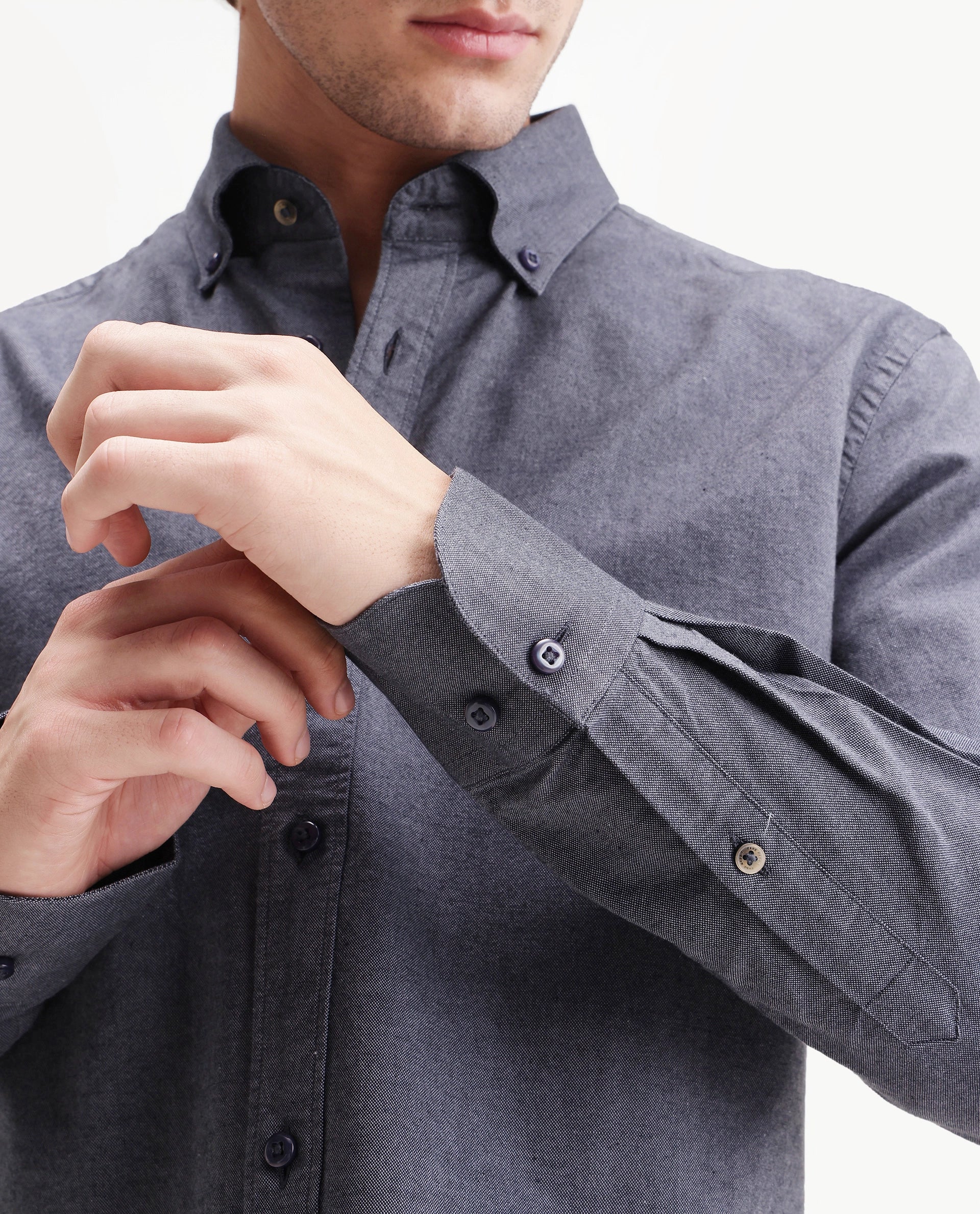 Rare Rabbit Men's Olise Dark Blue Cotton Spread Collar Button Regular Fit Plain Shirt