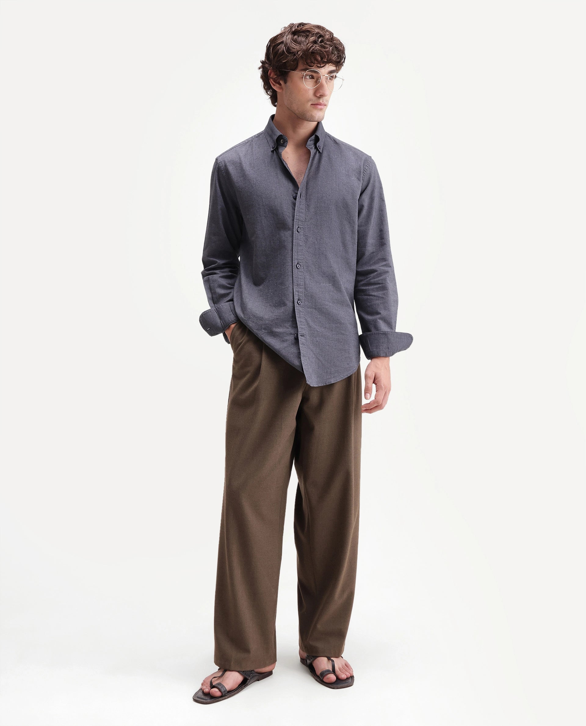 Rare Rabbit Men's Olise Dark Blue Cotton Spread Collar Button Regular Fit Plain Shirt