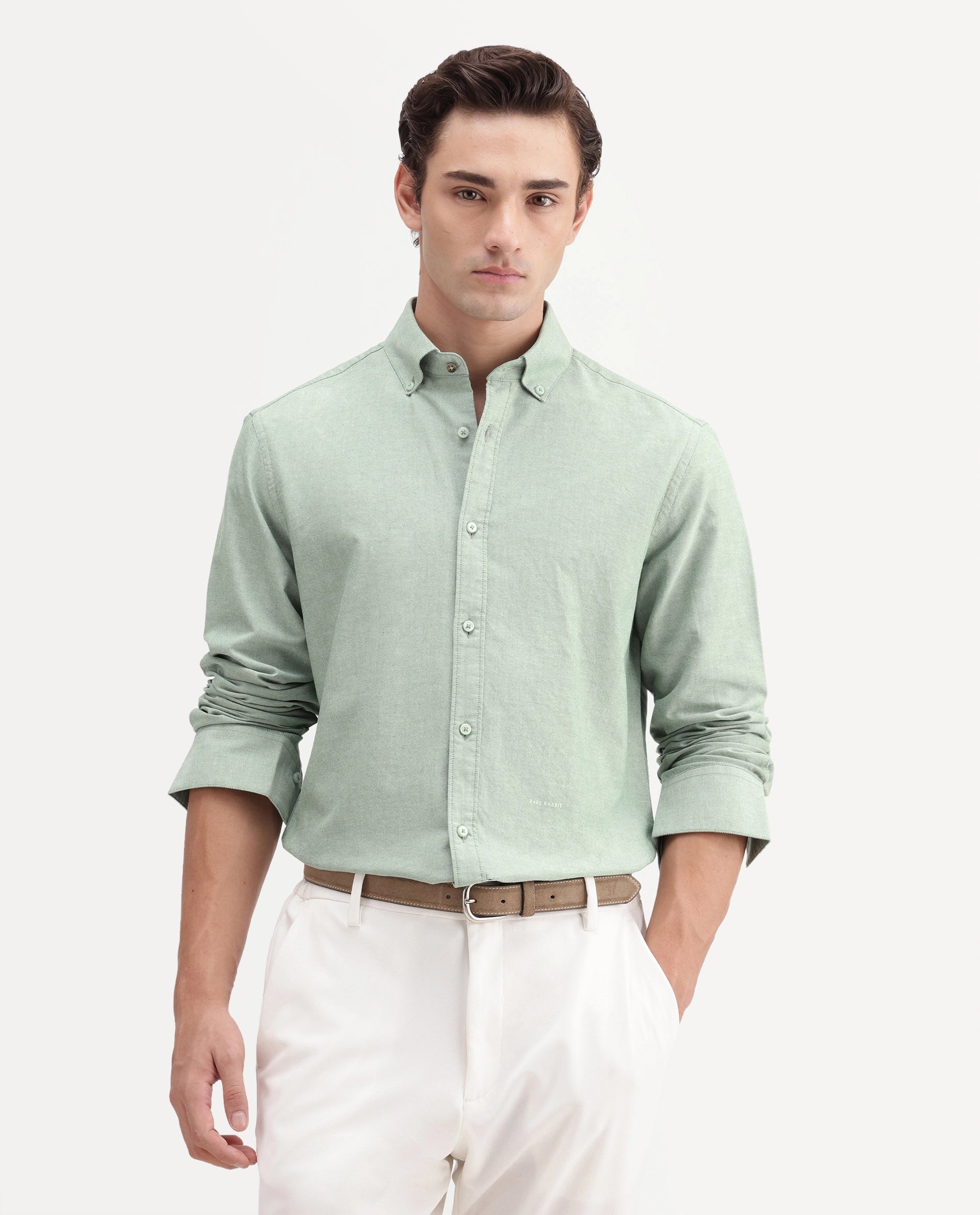 Rare Rabbit Men's Olise Green Cotton Button-Down Collar Regular Fit Plain Shirt
