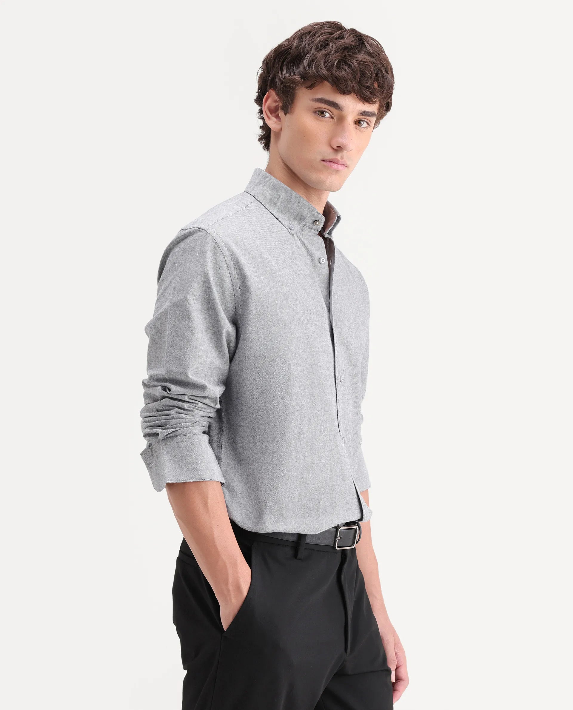 Rare Rabbit Men's Olise Grey Cotton Button-Down Collar Regular Fit Plain Shirt