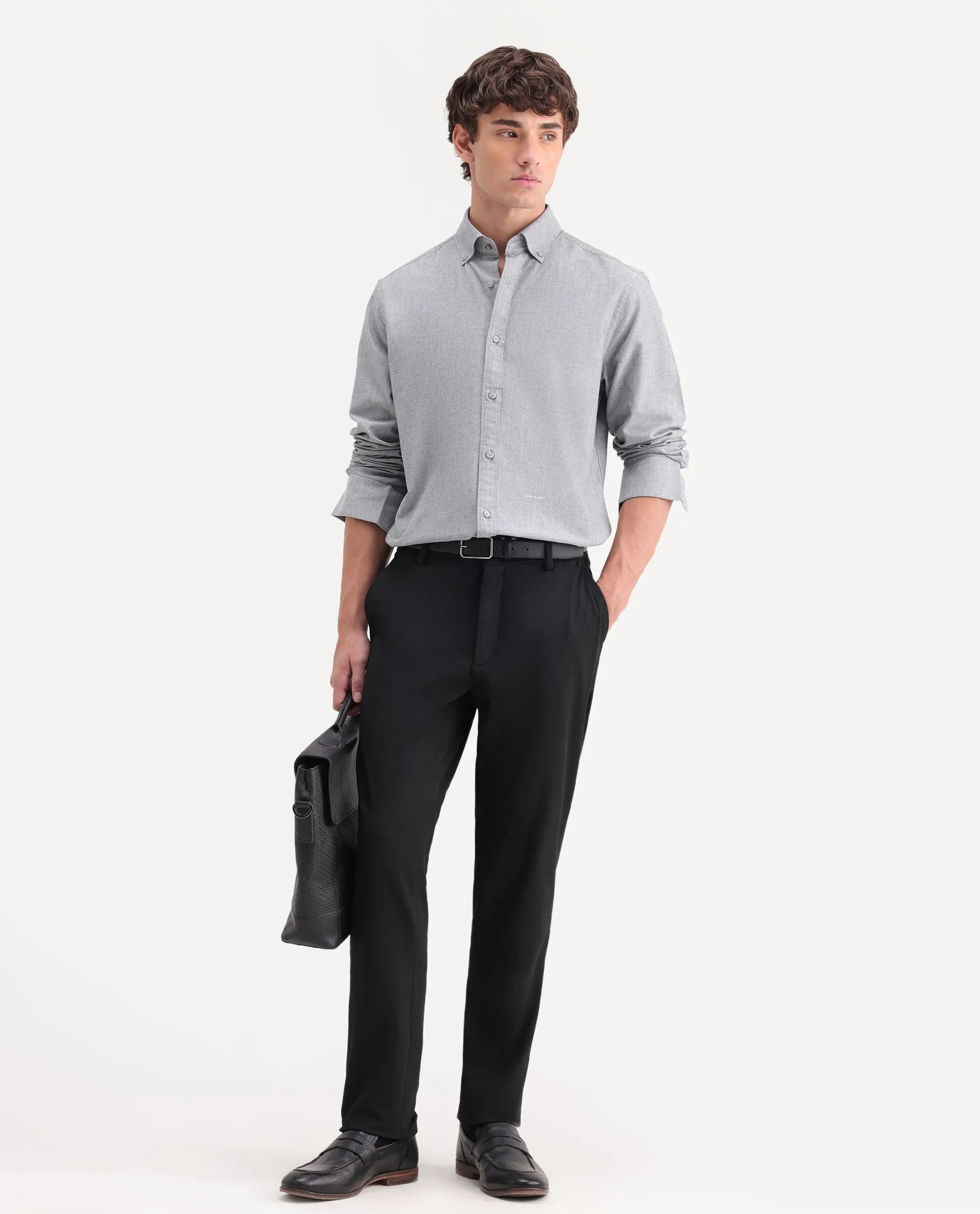 Rare Rabbit Men's Olise Grey Cotton Button-Down Collar Regular Fit Plain Shirt