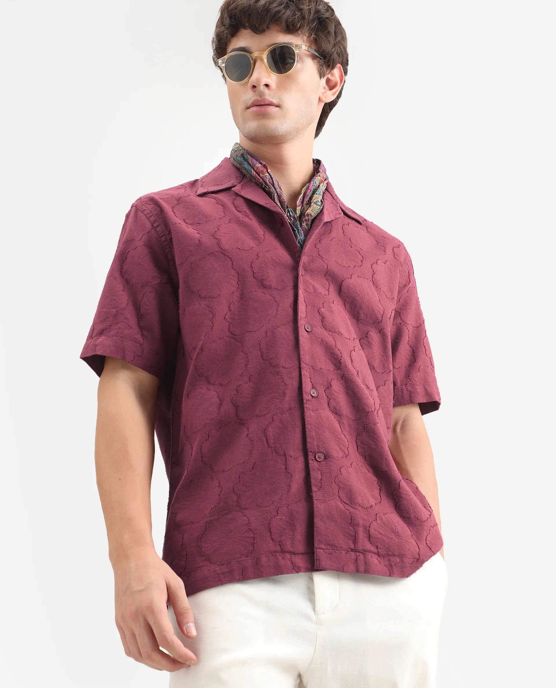 Rare Rabbit Men's Plunt Dark Red Cotton Cuban Collar Button Relaxed Fit Jacquard Print Shirt