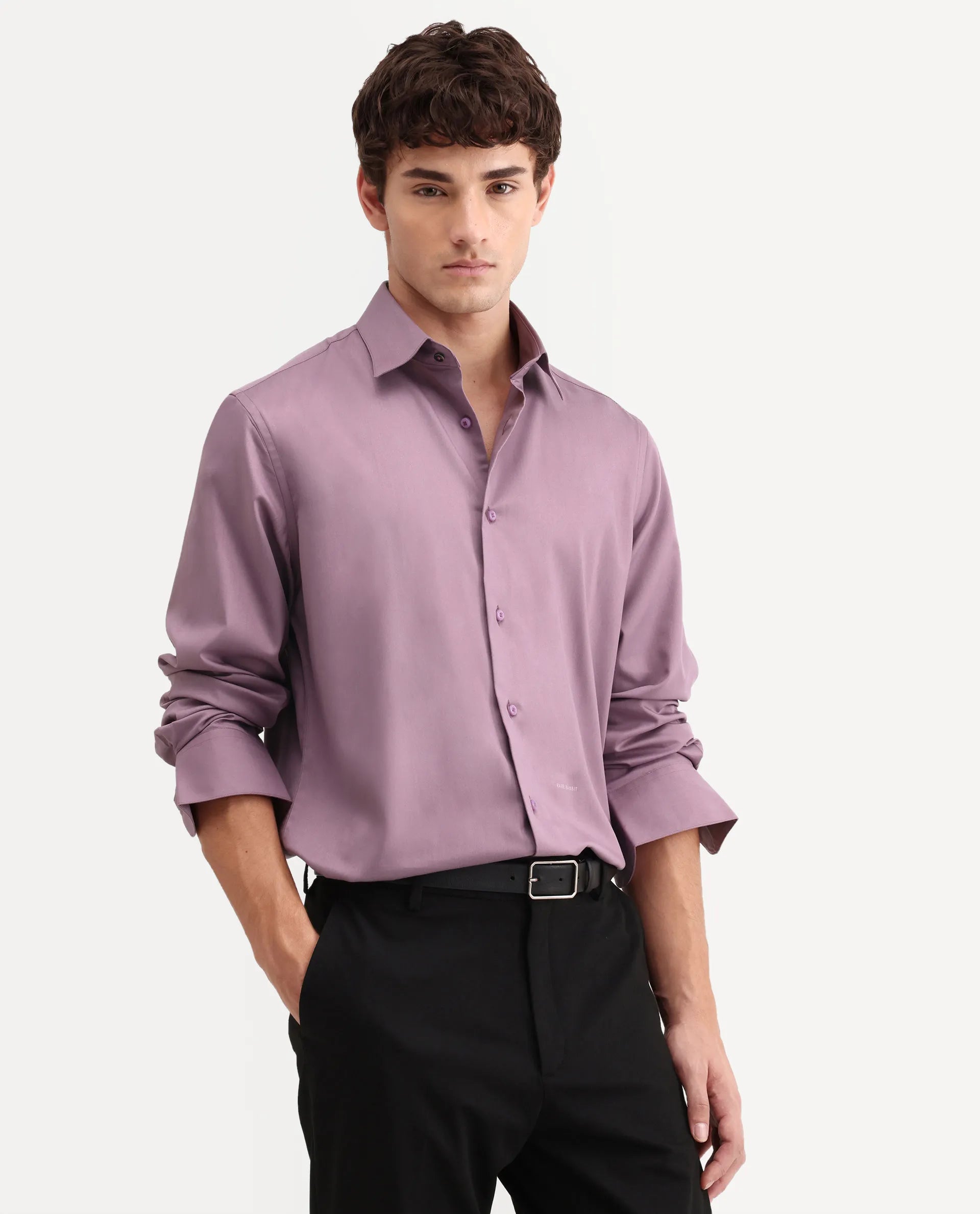 Rare Rabbit Men's Vorta Purple Polyester Blend Spread Collar Regular Plain Shirt