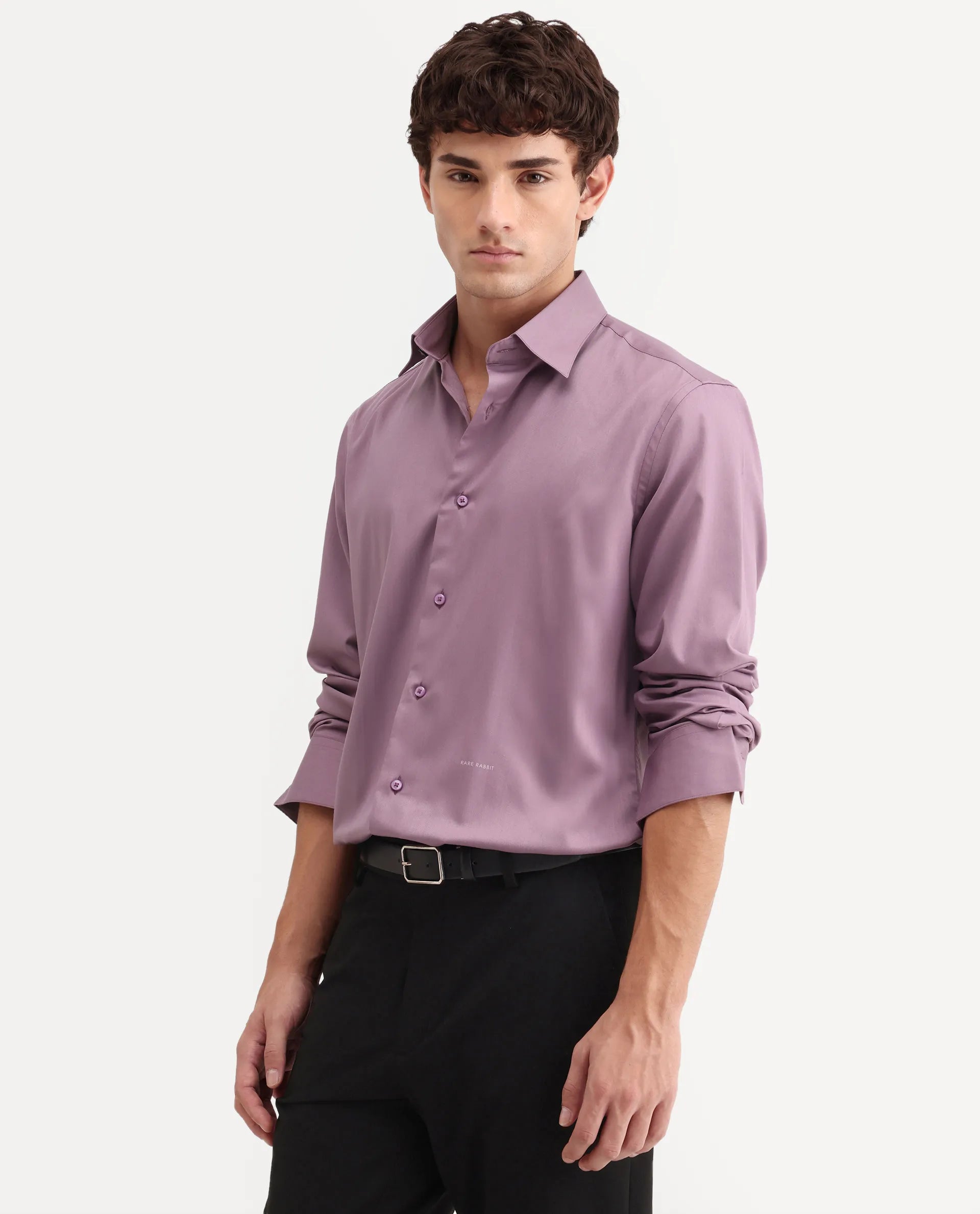 Rare Rabbit Men's Vorta Purple Polyester Blend Spread Collar Regular Plain Shirt
