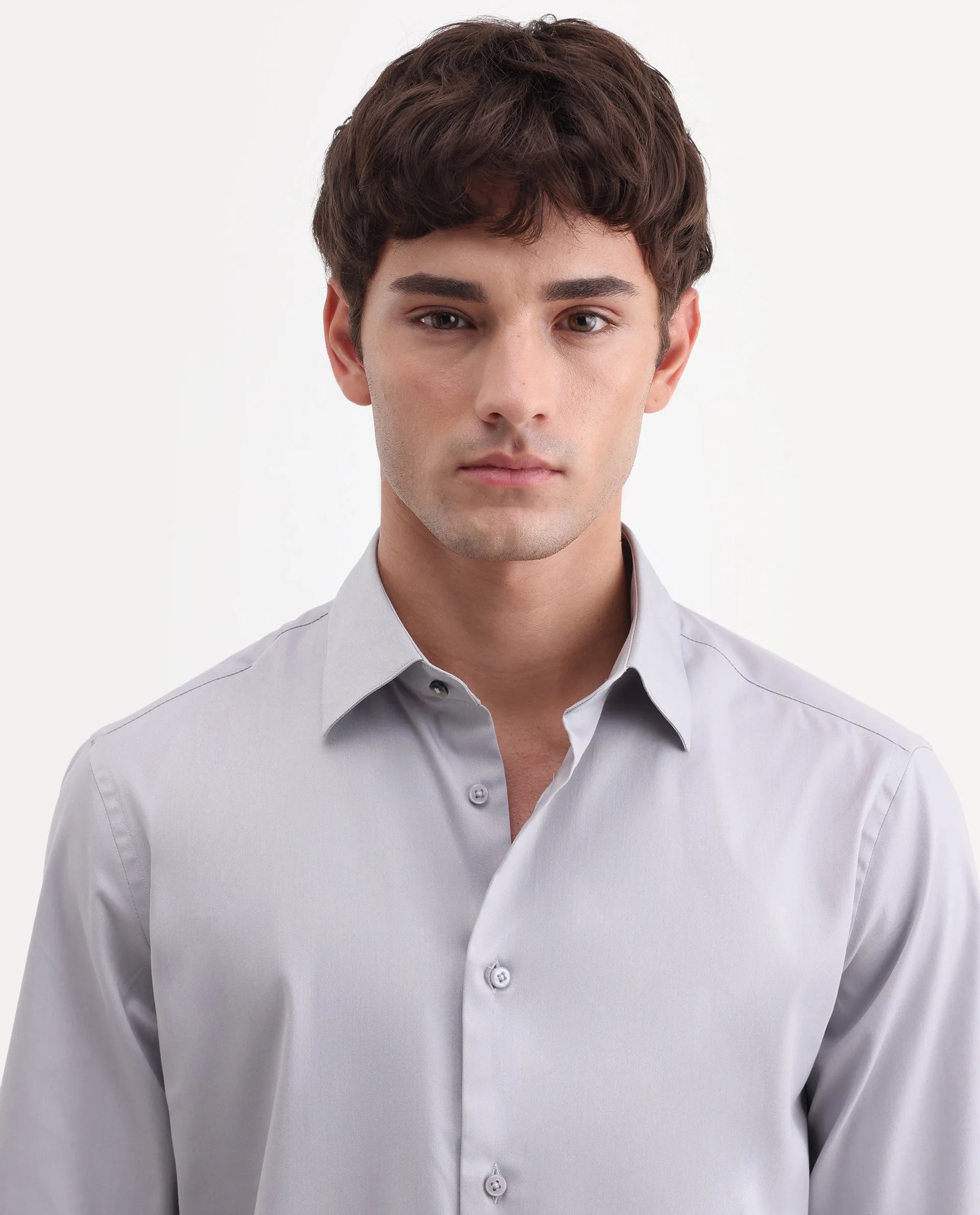 Rare Rabbit Men's Vorta Grey Polyester Blend Spread Collar Regular Plain Shirt