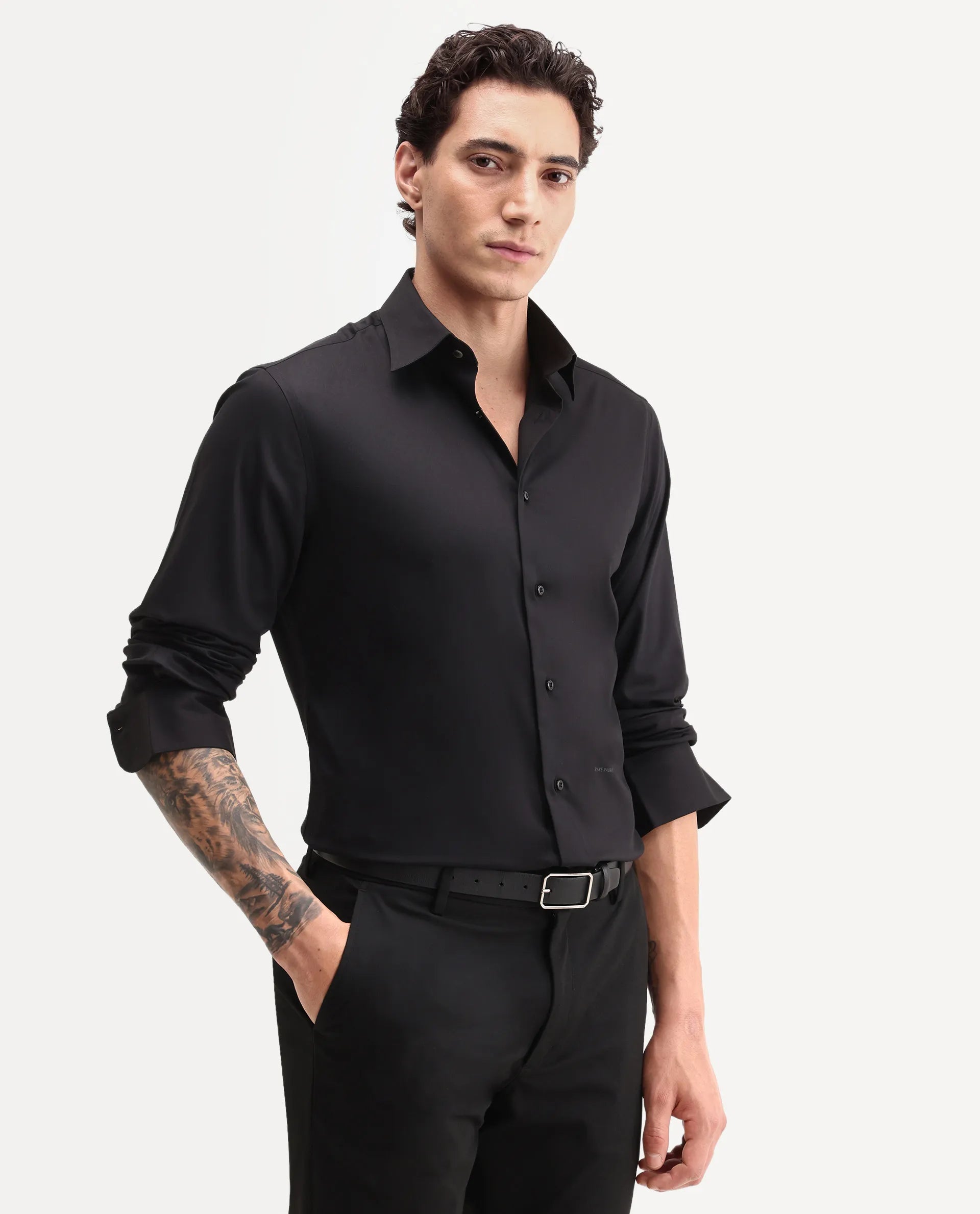 Rare Rabbit Men's Vorta Primary Black Polyester Blend Spread Collar Regular Plain Shirt