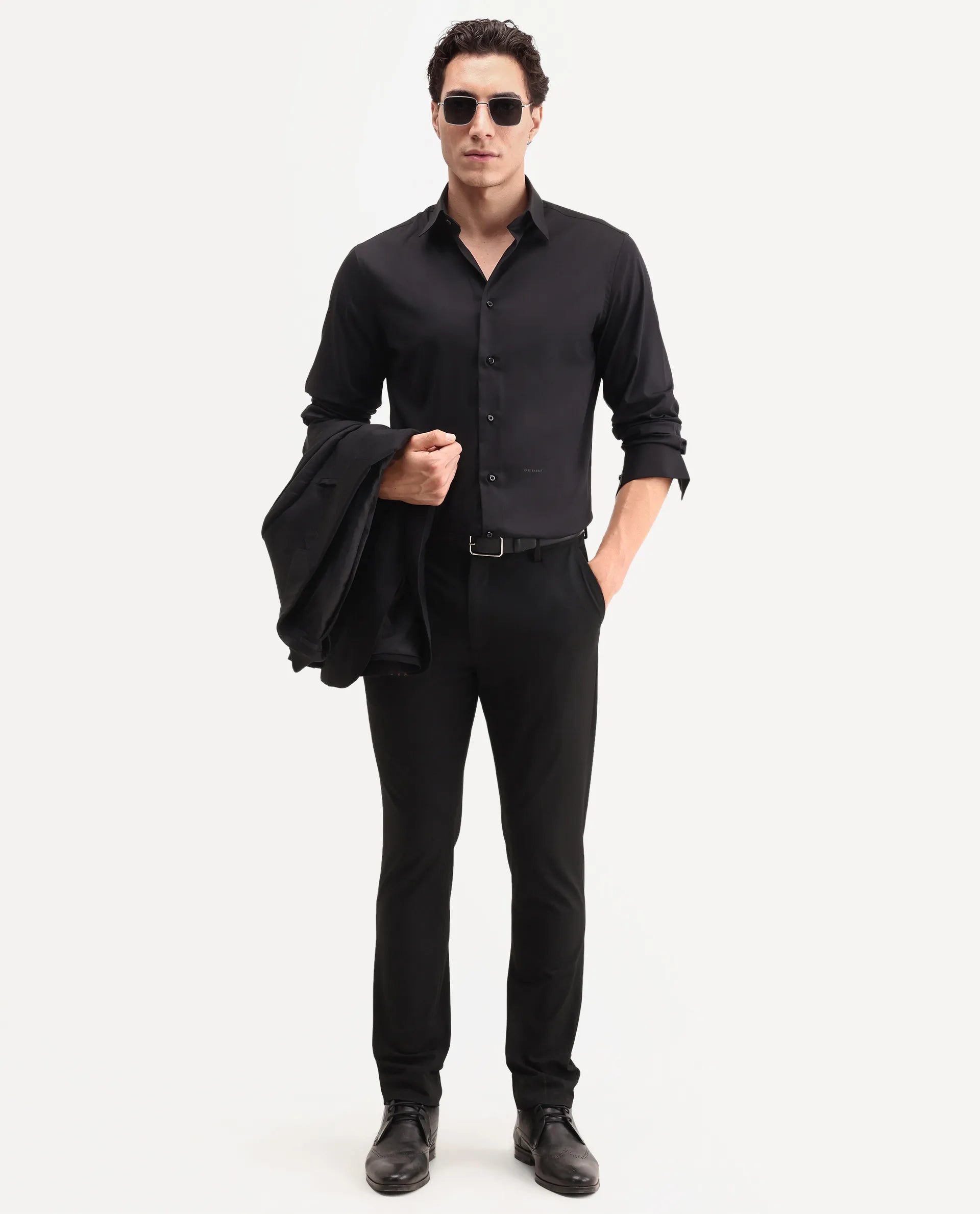 Rare Rabbit Men's Vorta Primary Black Polyester Blend Spread Collar Regular Plain Shirt