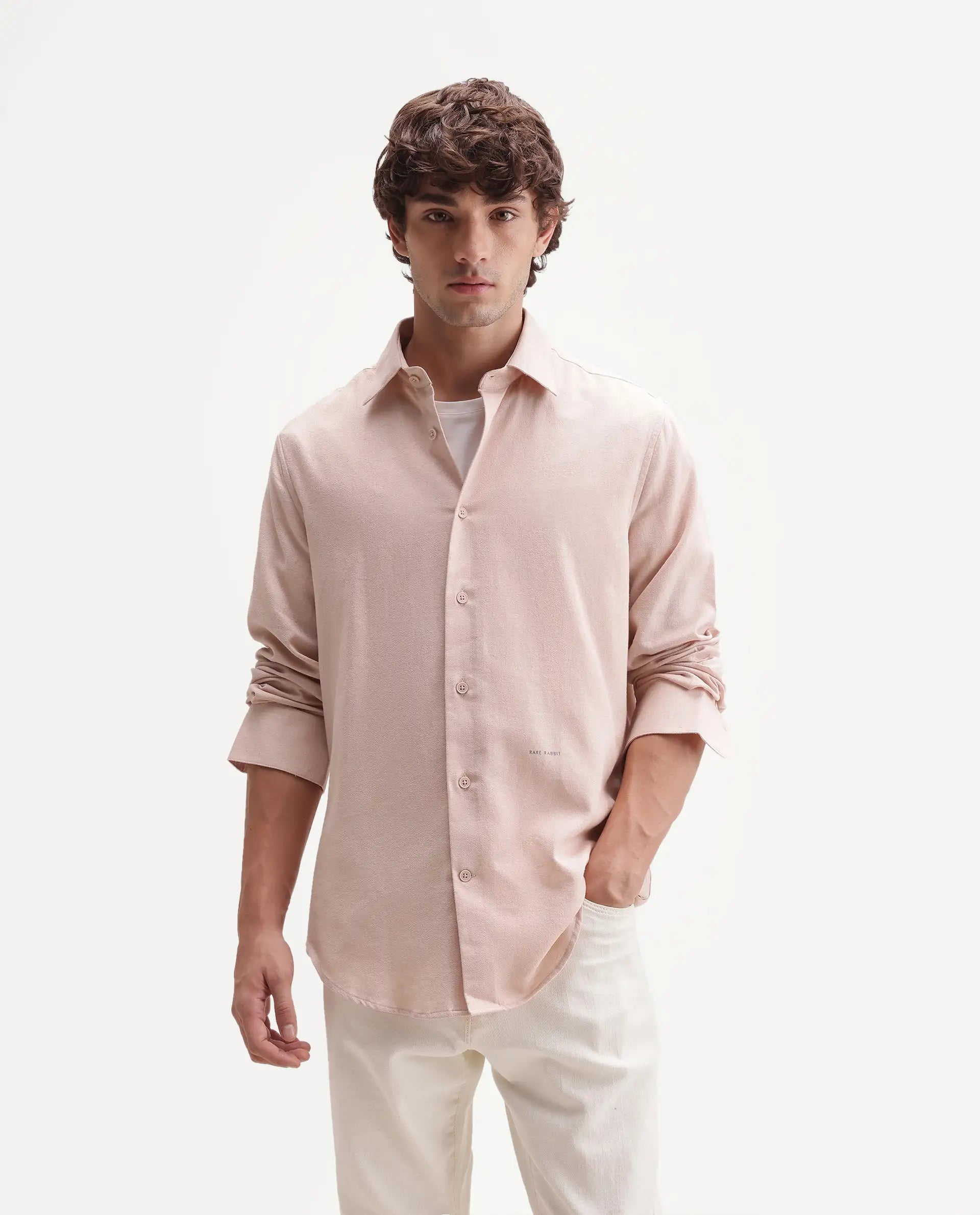 Rare Rabbit Men's Fexa Beige Cotton Blend Spread Collar Regular Plain Shirt