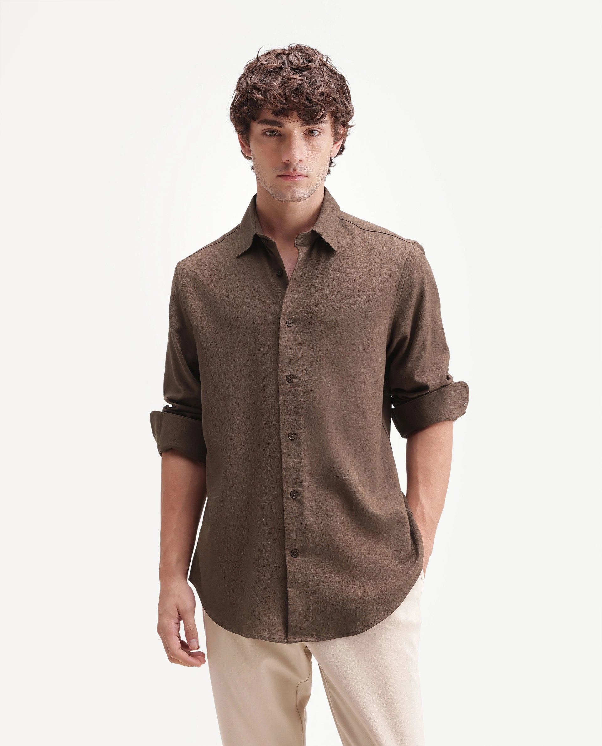 Rare Rabbit Men's Fexa Olive Cotton Blend Spread Collar Regular Plain Shirt
