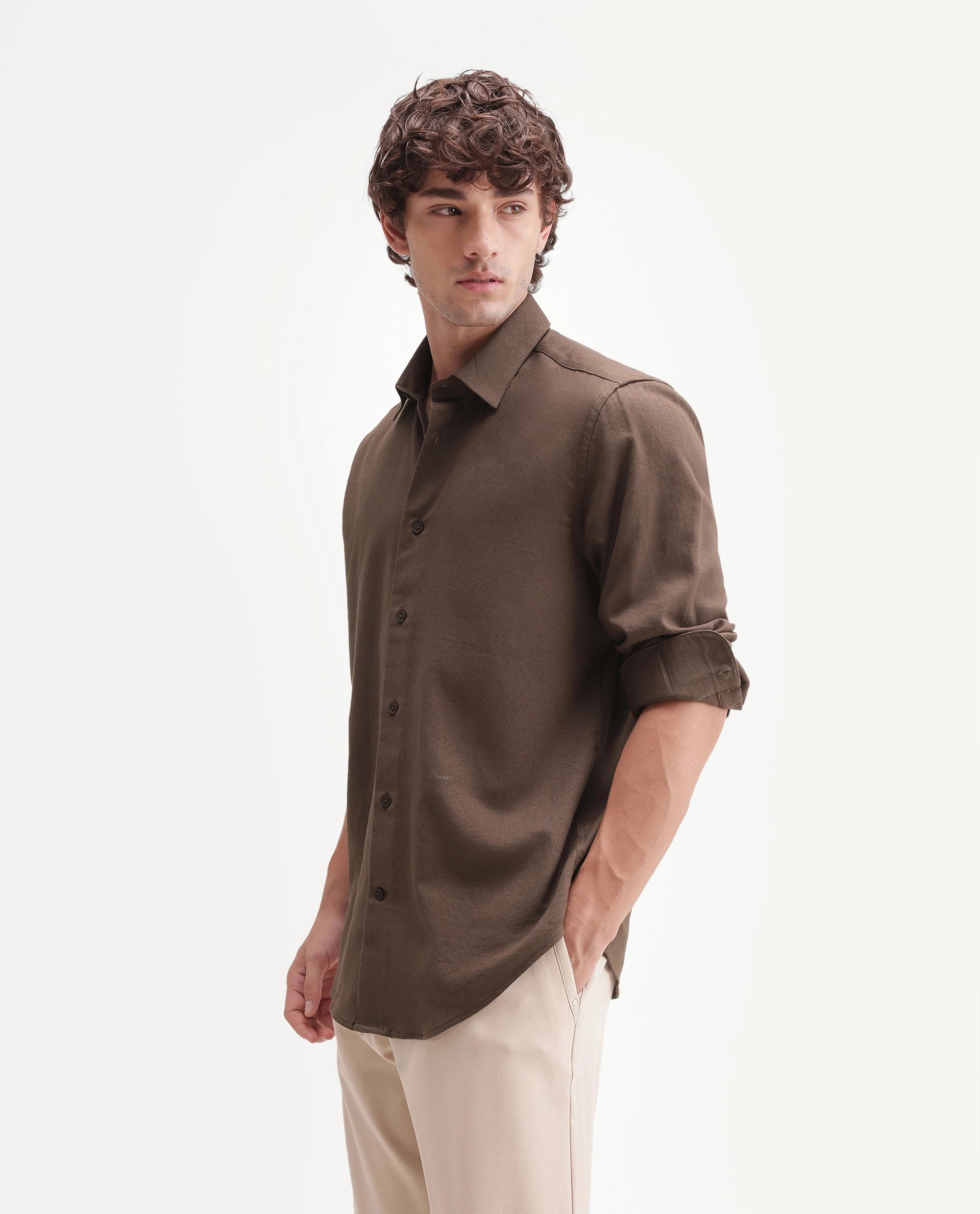Rare Rabbit Men's Fexa Olive Cotton Blend Spread Collar Regular Plain Shirt