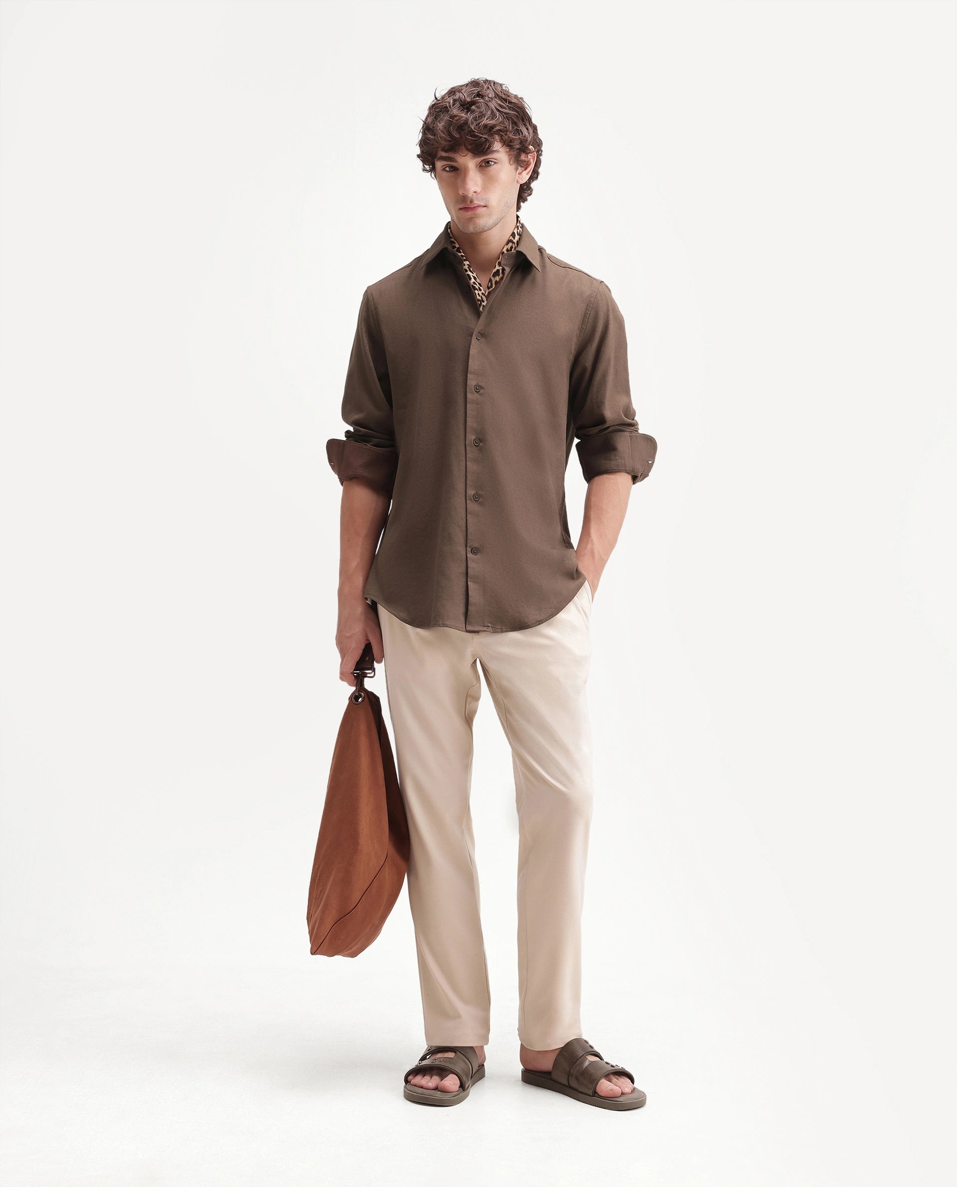 Rare Rabbit Men's Fexa Olive Cotton Blend Spread Collar Regular Plain Shirt