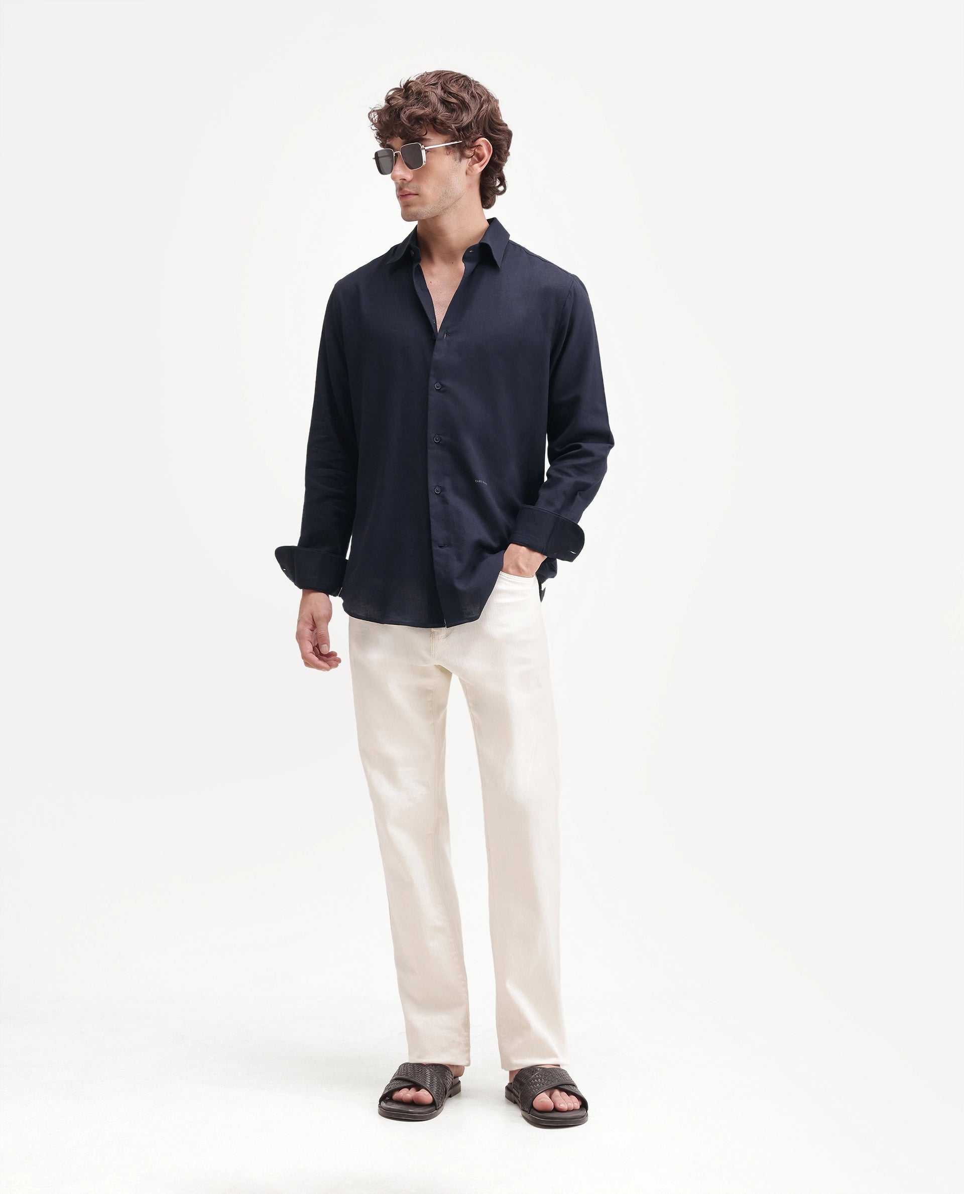 Rare Rabbit Men's Fexa Navy Cotton Blend Spread Collar Regular Plain Shirt