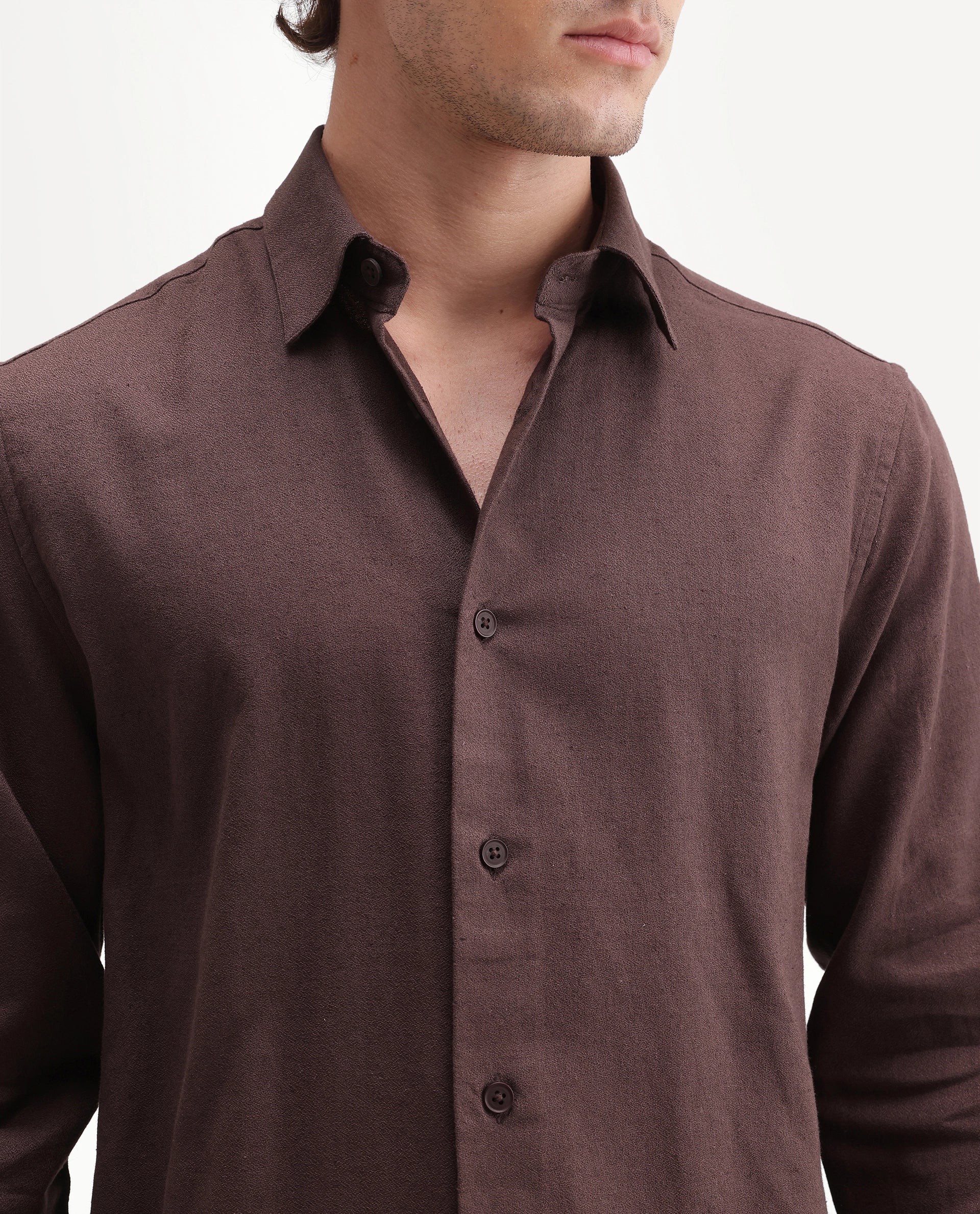 Rare Rabbit Men's Fexa Dark Brown Cotton Blend Spread Collar Regular Plain Shirt