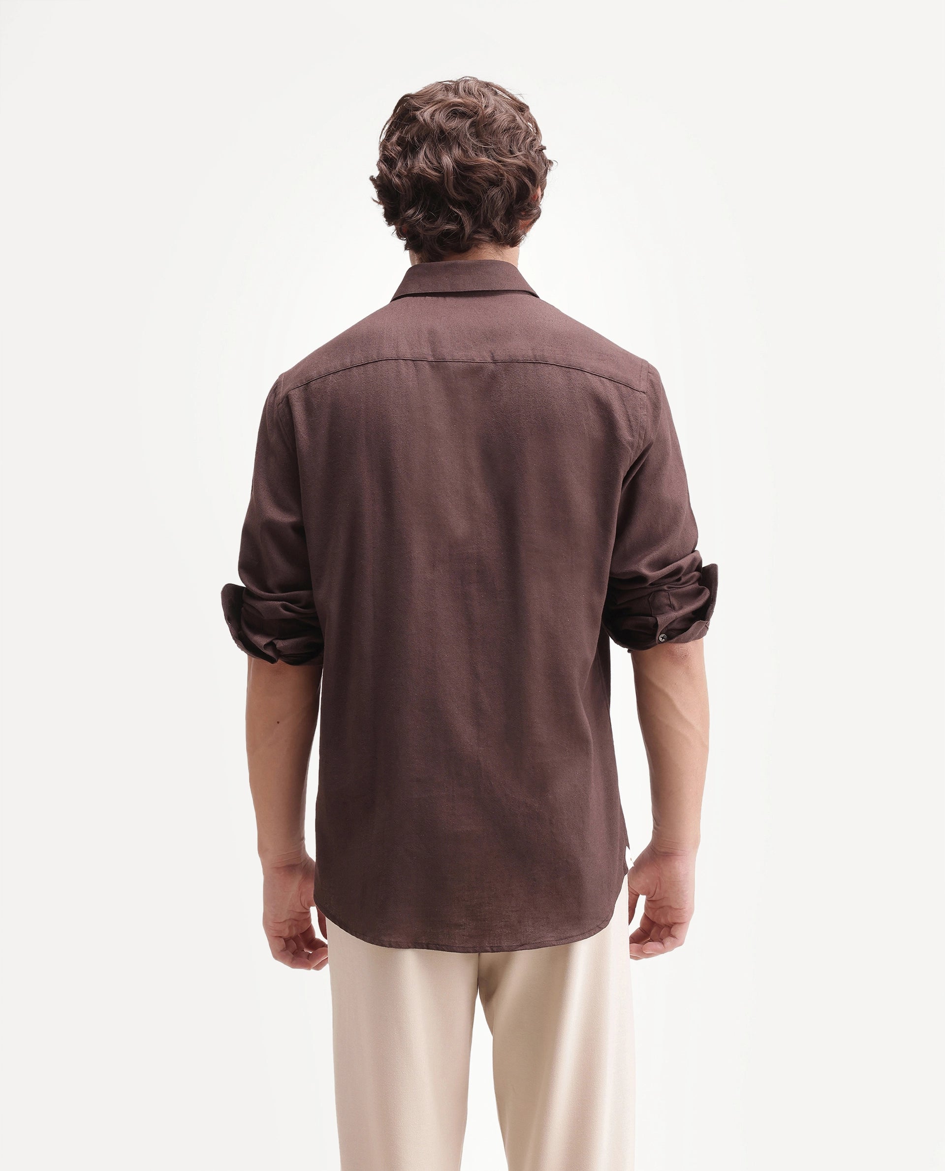 Rare Rabbit Men's Fexa Dark Brown Cotton Blend Spread Collar Regular Plain Shirt