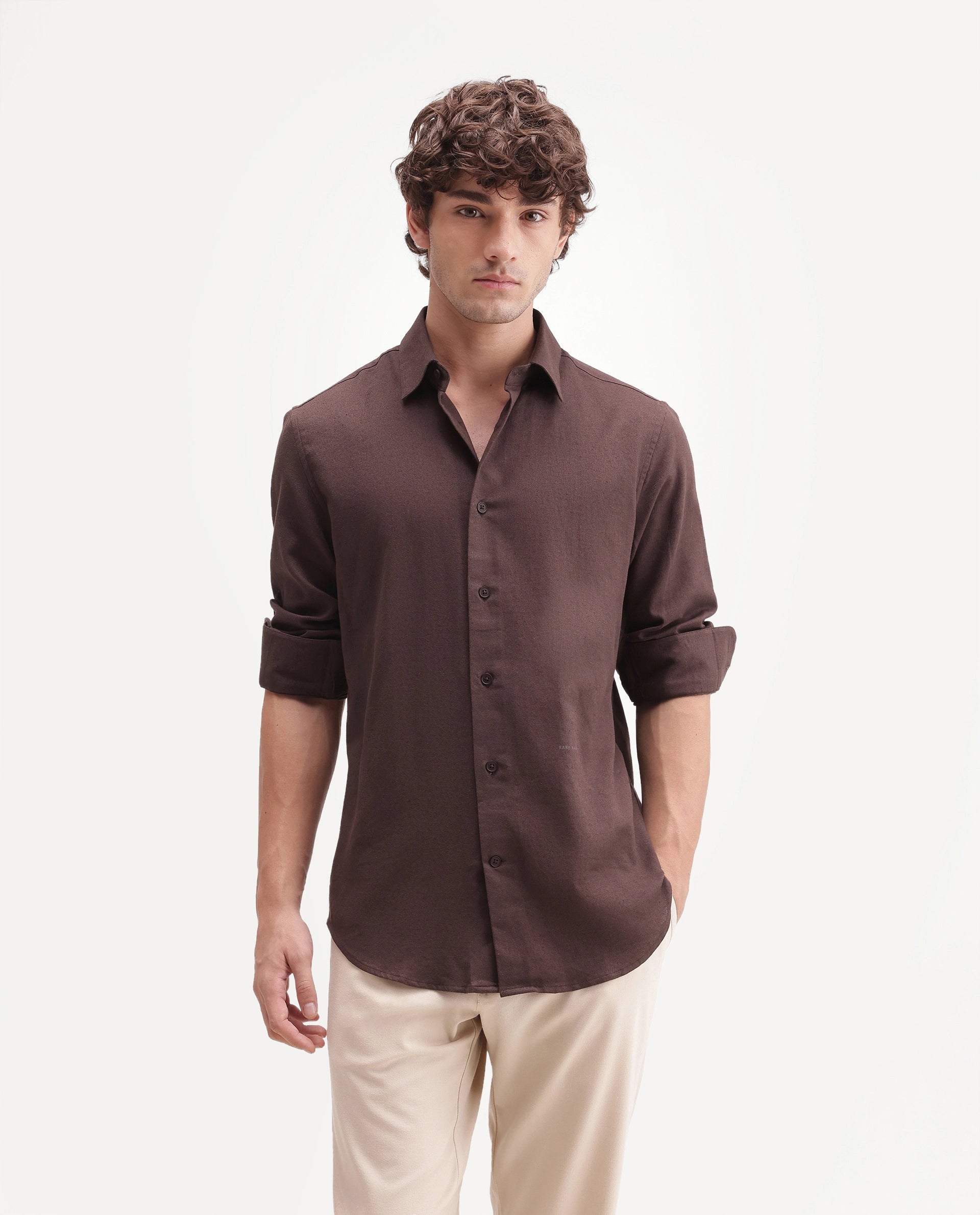 Rare Rabbit Men's Fexa Dark Brown Cotton Blend Spread Collar Regular Plain Shirt