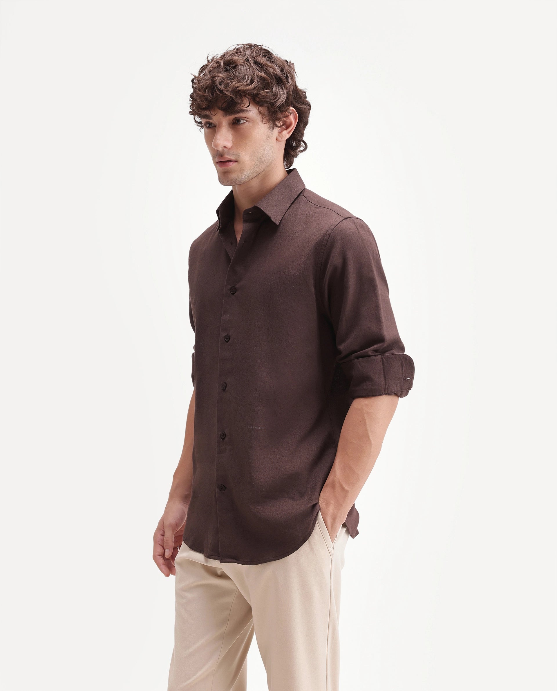 Rare Rabbit Men's Fexa Dark Brown Cotton Blend Spread Collar Regular Plain Shirt