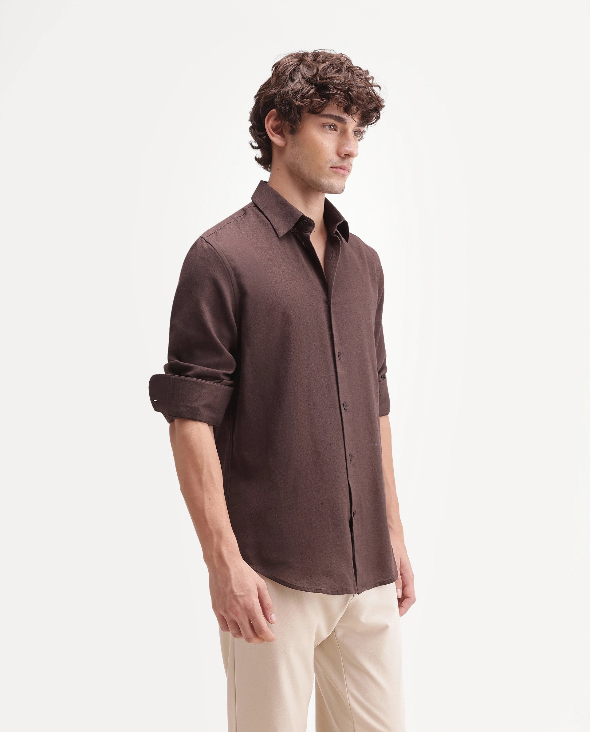 Rare Rabbit Men's Fexa Dark Brown Cotton Blend Spread Collar Regular Plain Shirt
