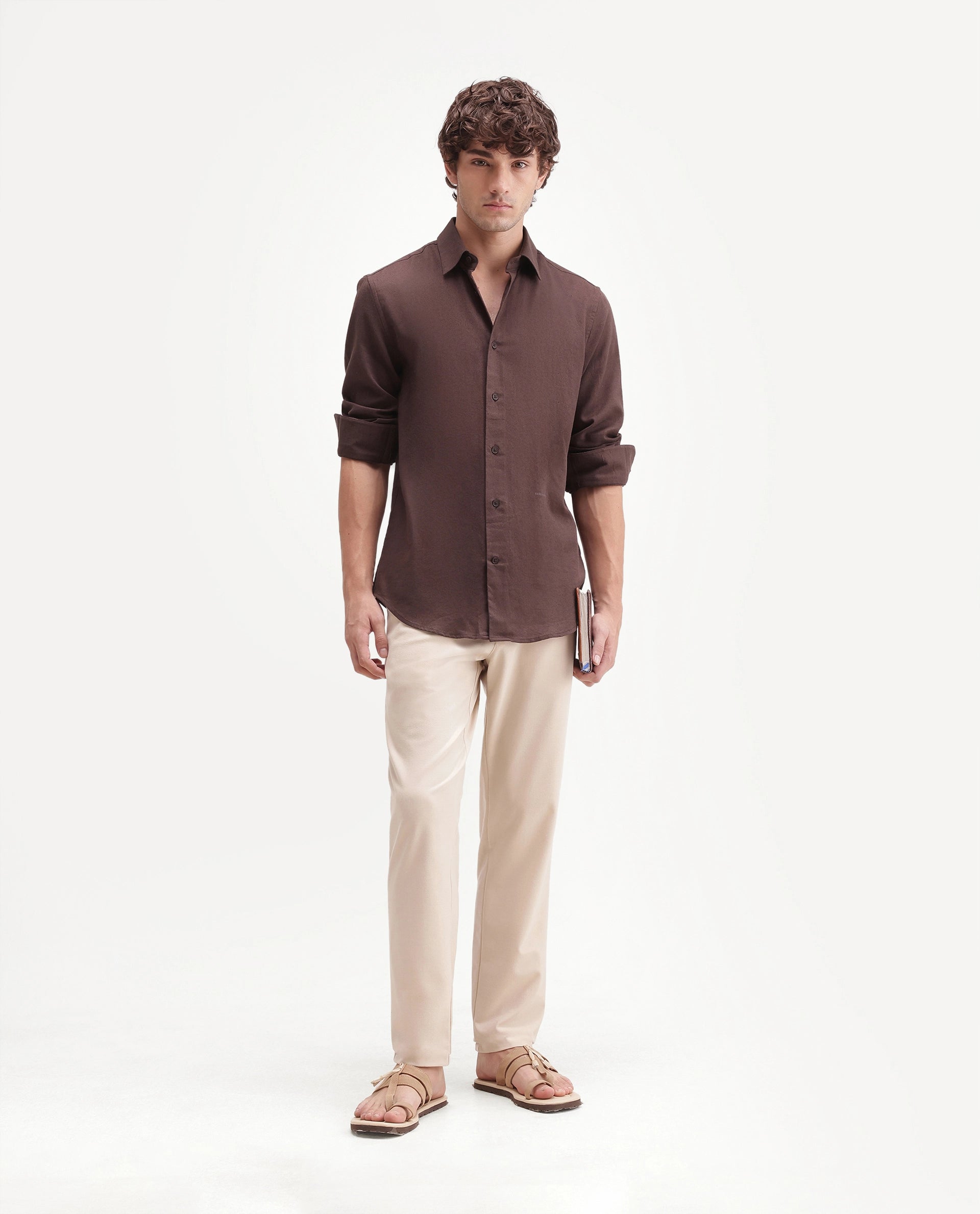 Rare Rabbit Men's Fexa Dark Brown Cotton Blend Spread Collar Regular Plain Shirt