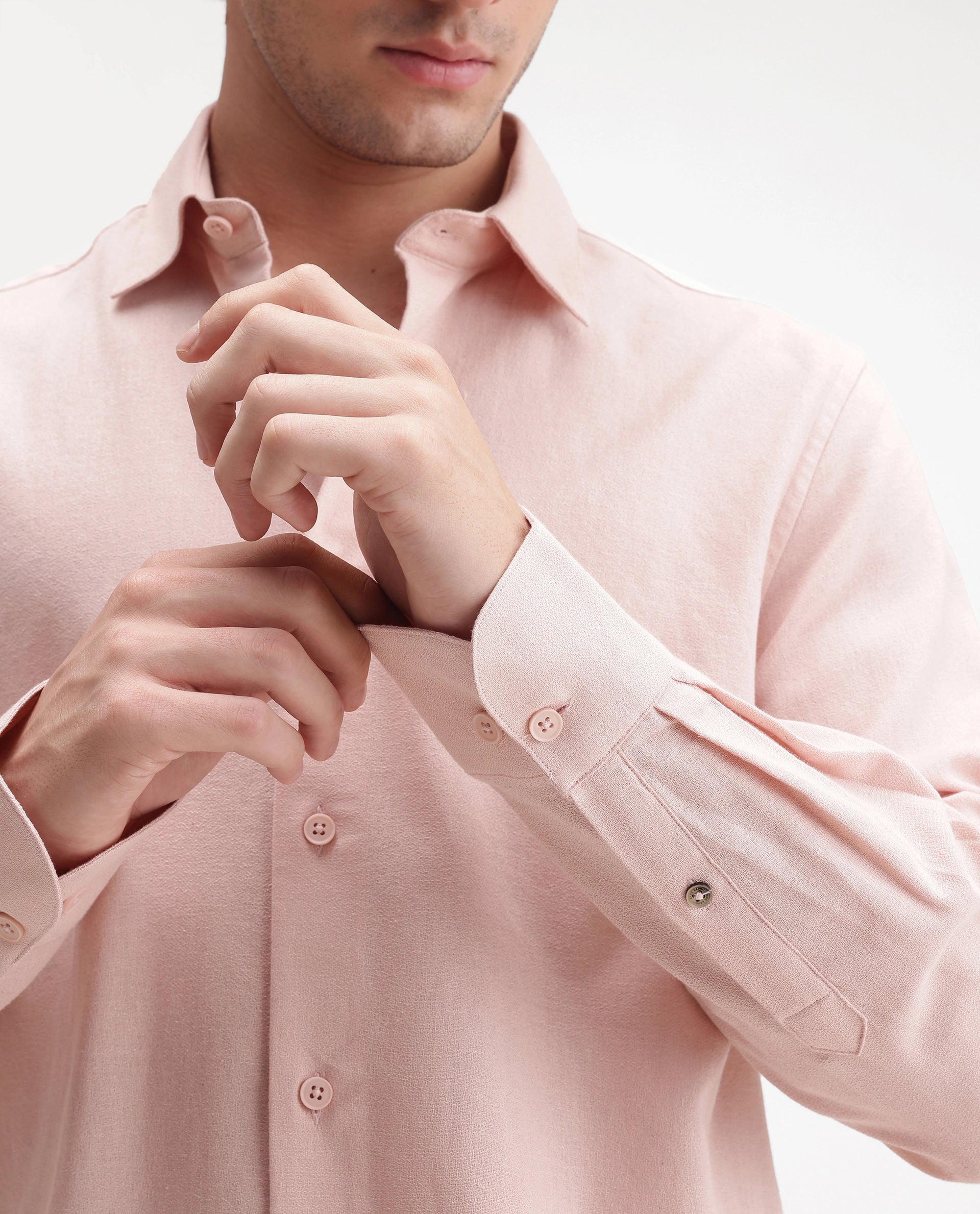 Rare Rabbit Men's Fexa Light Pink Cotton Blend Spread Collar Regular Plain Shirt