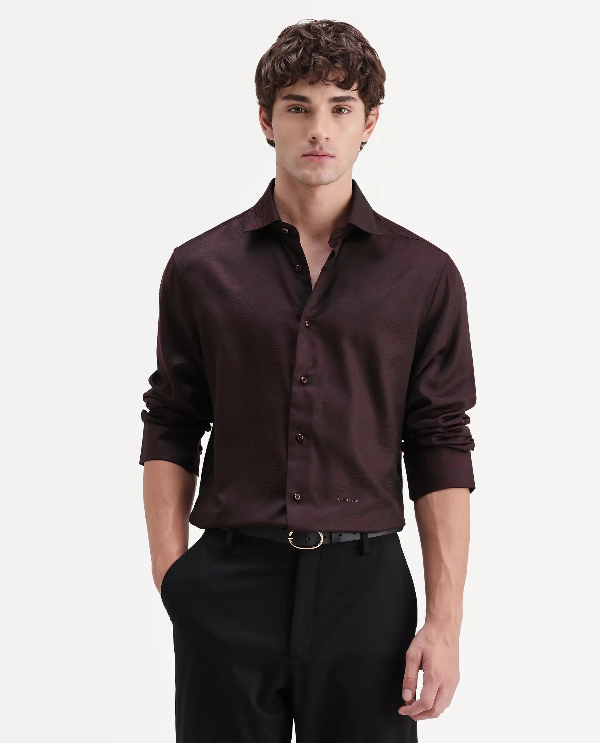 Rare Rabbit Men's Carl Maroon Polyester Blend Fabric Spread Collar Regular Fit Jacquard Shirt
