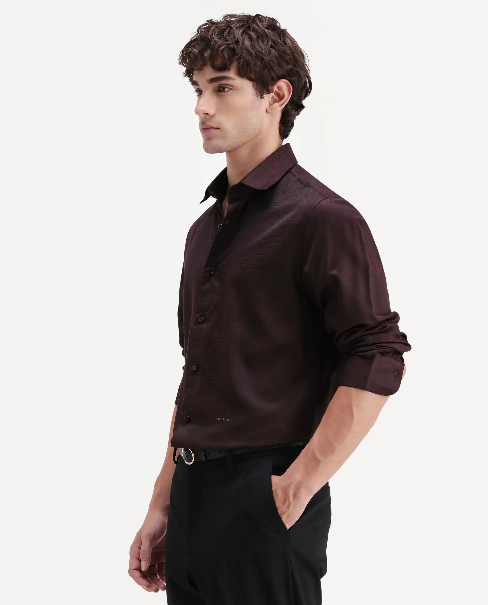 Rare Rabbit Men's Carl Maroon Polyester Blend Fabric Spread Collar Regular Fit Jacquard Shirt