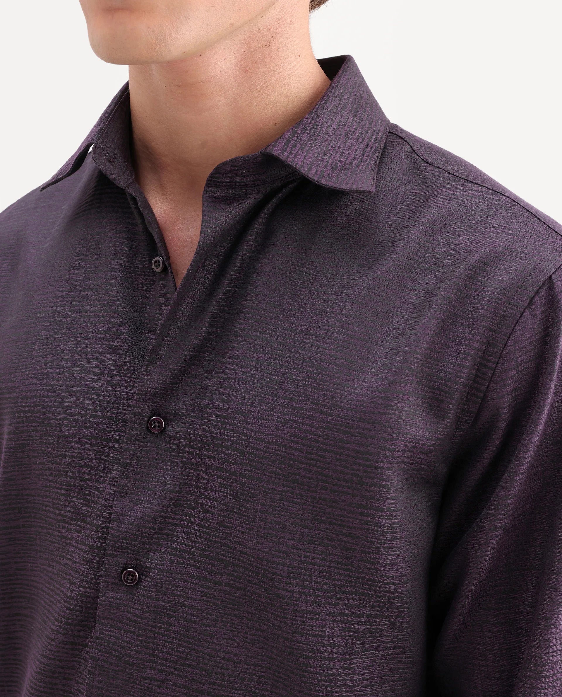 Rare Rabbit Men's Carl Dark Purple Polyester Blend Fabric Spread Collar Regular Fit Jacquard Shirt