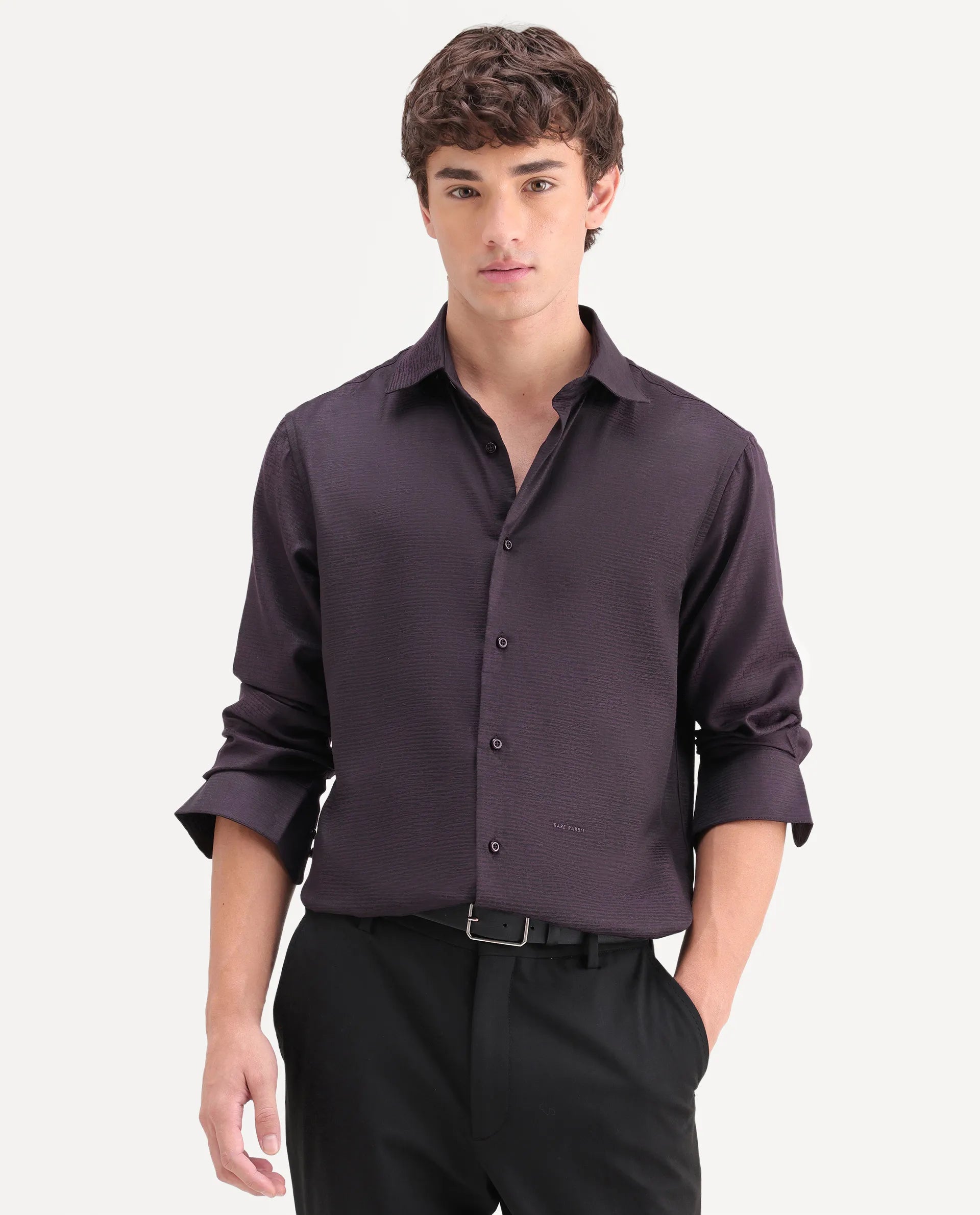 Rare Rabbit Men's Carl Dark Purple Polyester Blend Fabric Spread Collar Regular Fit Jacquard Shirt