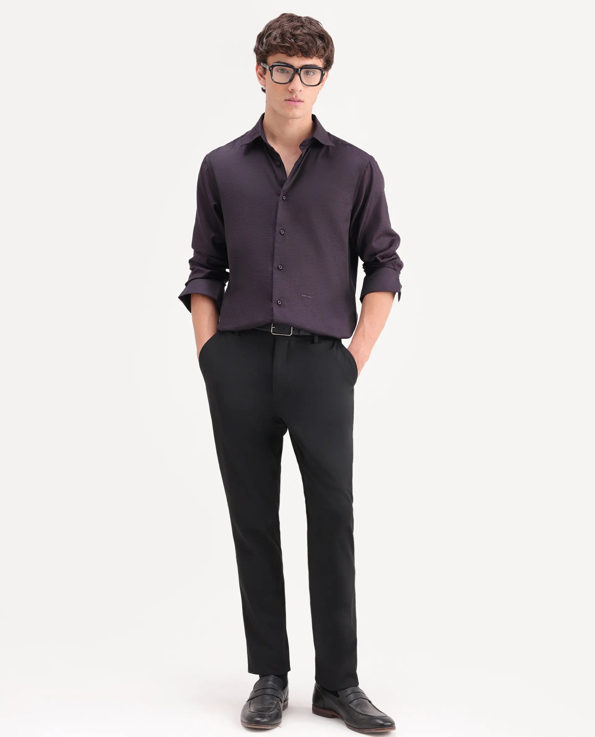 Rare Rabbit Men's Carl Dark Purple Polyester Blend Fabric Spread Collar Regular Fit Jacquard Shirt