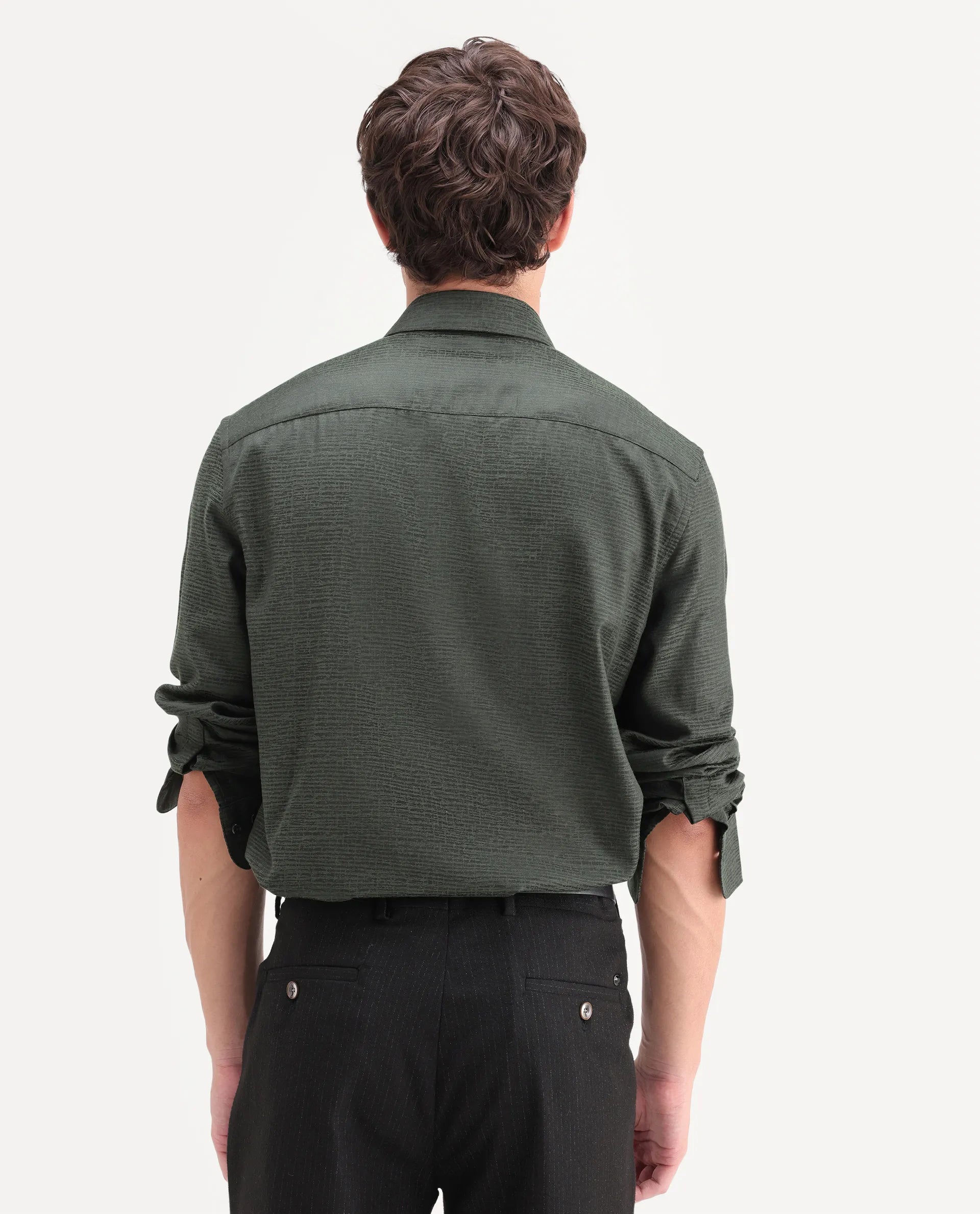 Rare Rabbit Men's Carl Dark Green Polyester Blend Fabric Spread Collar Regular Fit Jacquard Shirt
