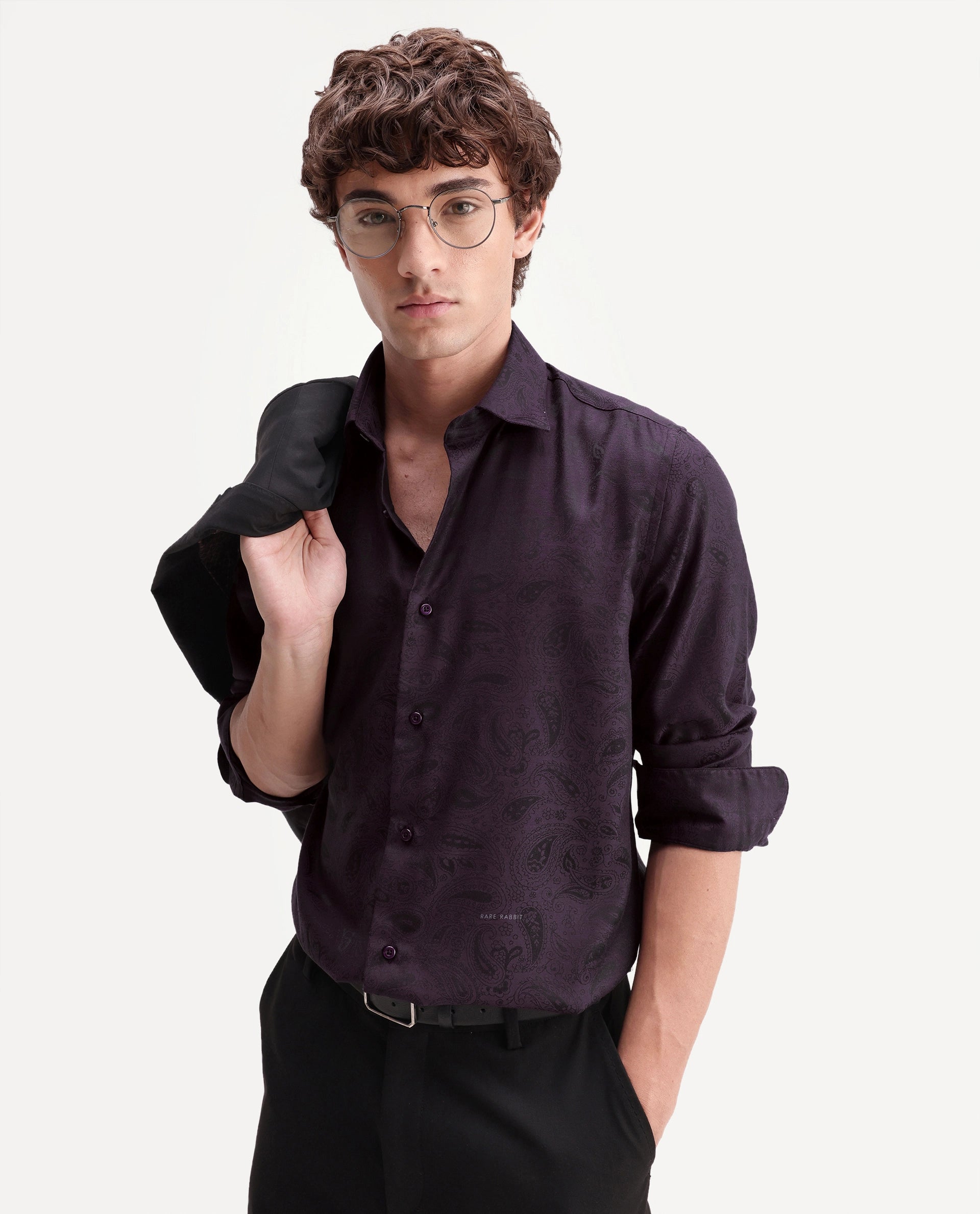 Rare Rabbit Men's Paso Dark Purple Polyester Blend Fabric Spread Collar Regular Fit Paisley Print Shirt
