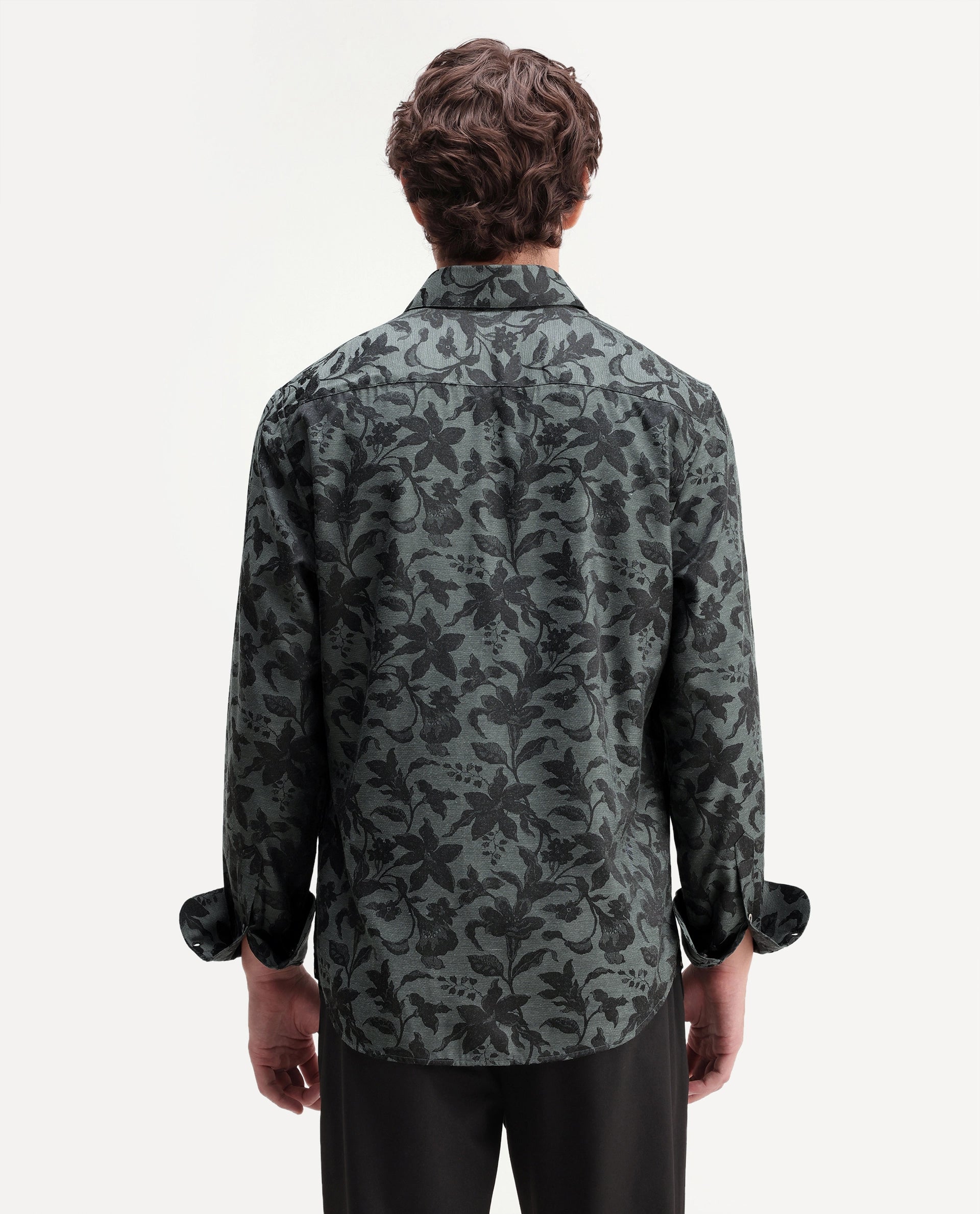 Rare Rabbit Men's Rezo Dark Green Polyester Blend Spread Collar Button Regular Floral Print Print Shirt