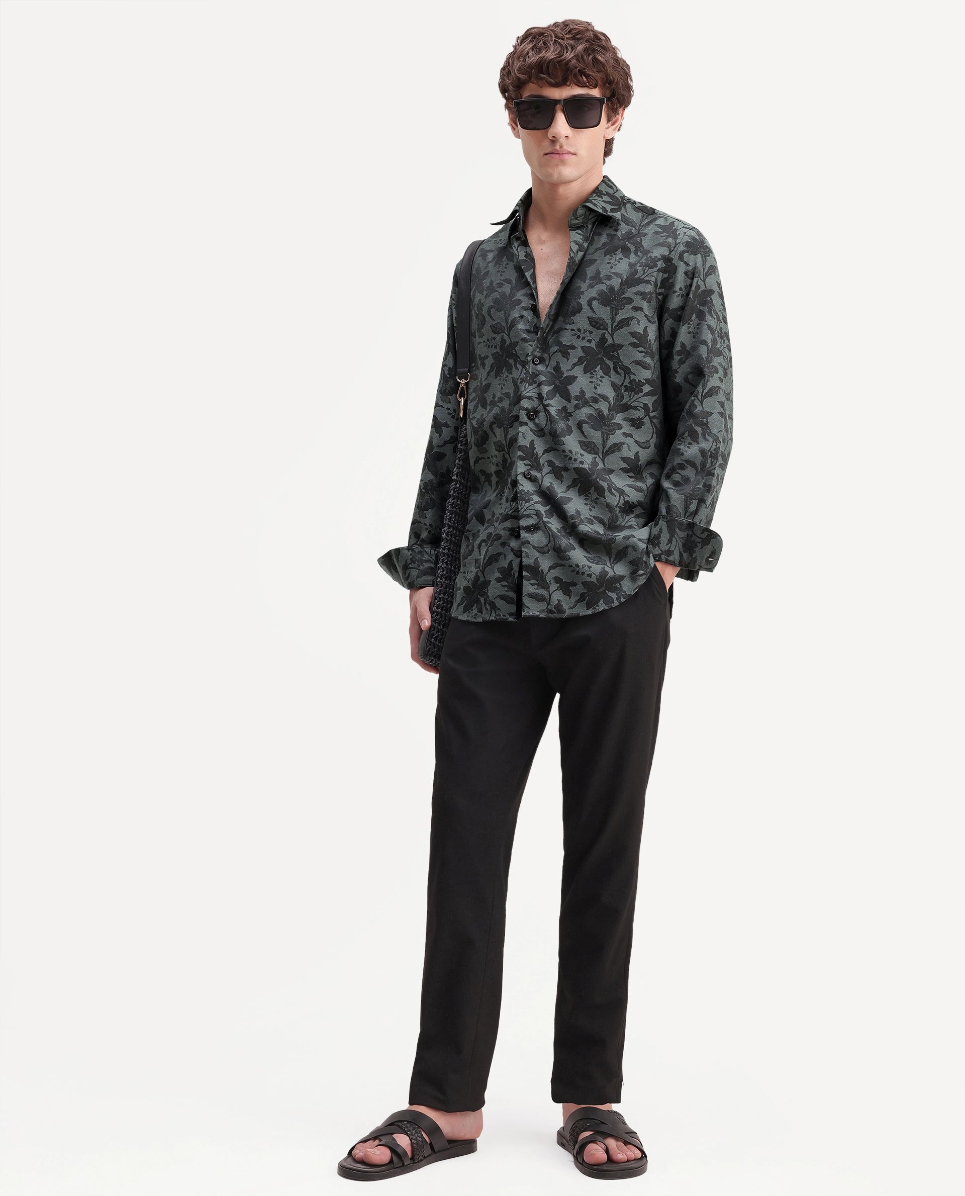 Rare Rabbit Men's Rezo Dark Green Polyester Blend Spread Collar Button Regular Floral Print Print Shirt