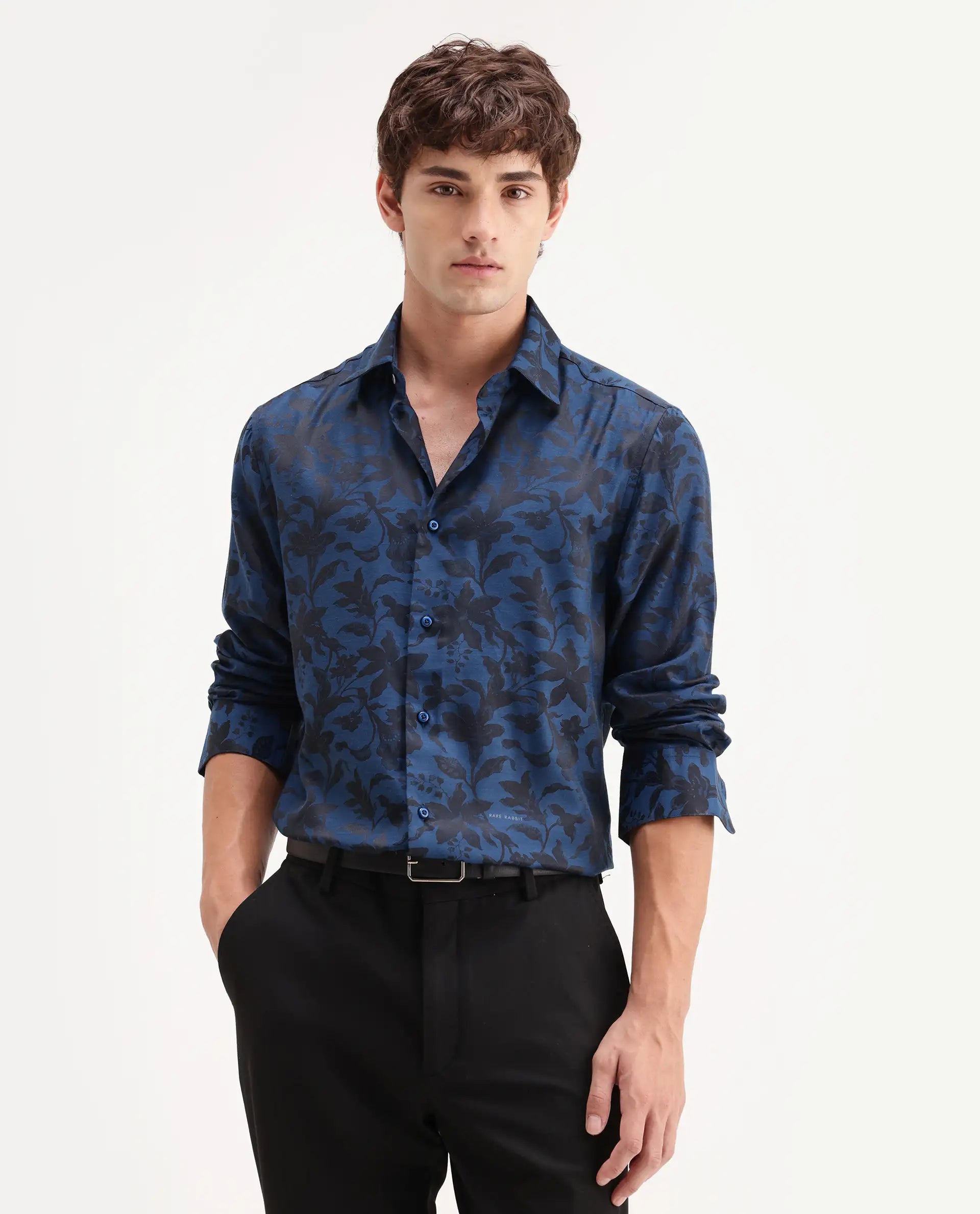 Rare Rabbit Men's Rezo Dark Blue Polyester Blend Spread Collar Button Regular Floral Print Print Shirt