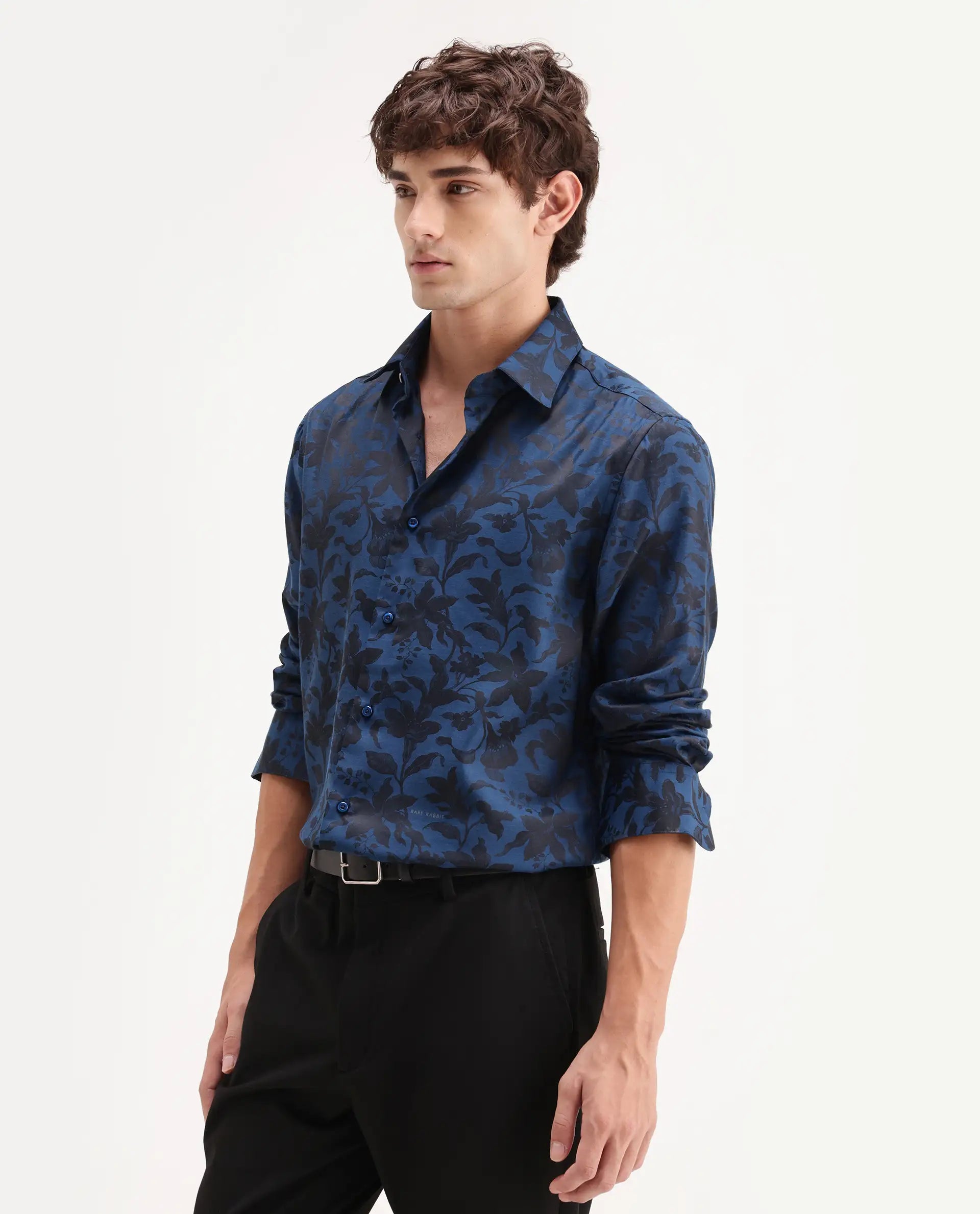 Rare Rabbit Men's Rezo Dark Blue Polyester Blend Spread Collar Button Regular Floral Print Print Shirt