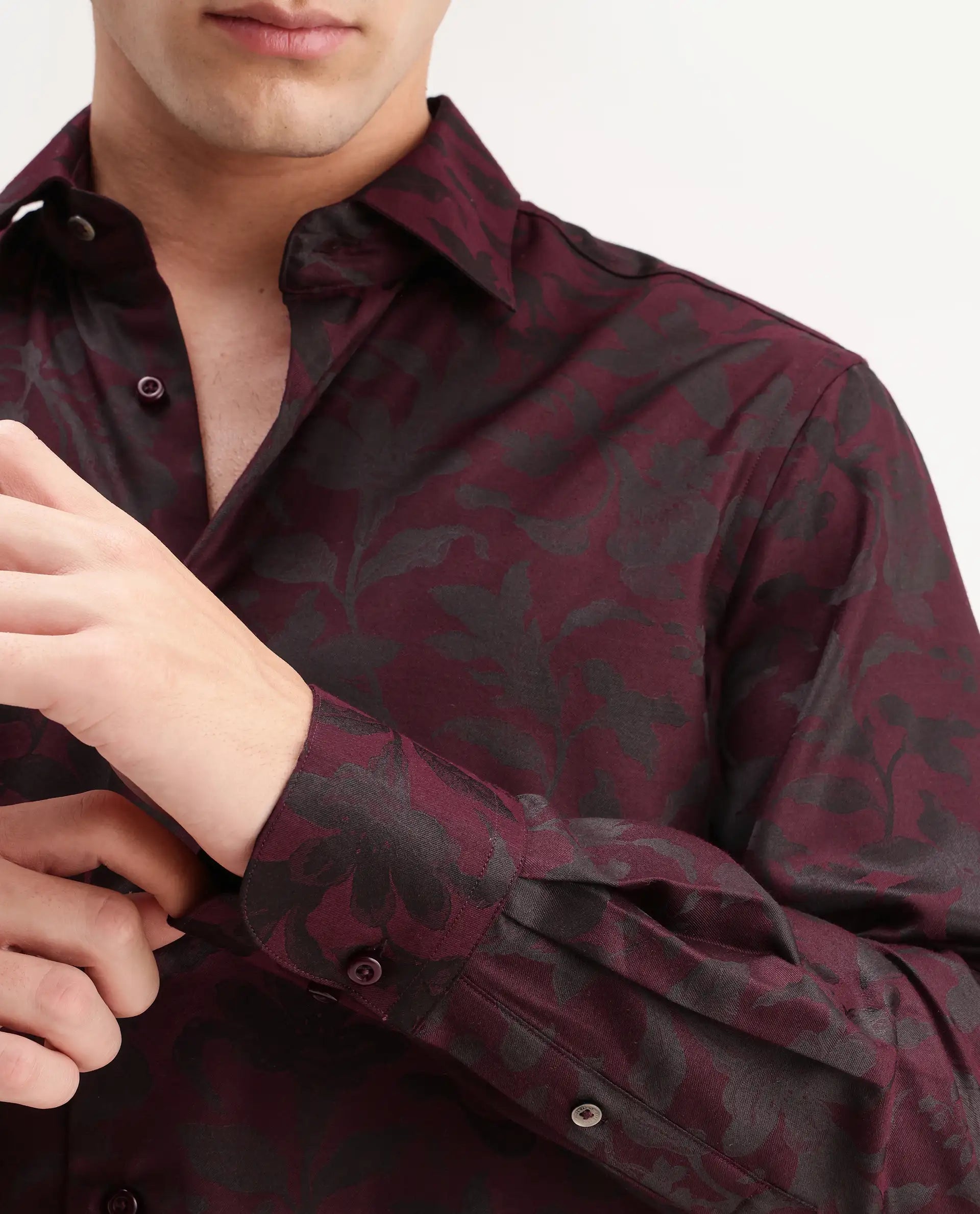 Rare Rabbit Men's Rezo Maroon Polyester Blend Spread Collar Button Regular Floral Print Print Shirt