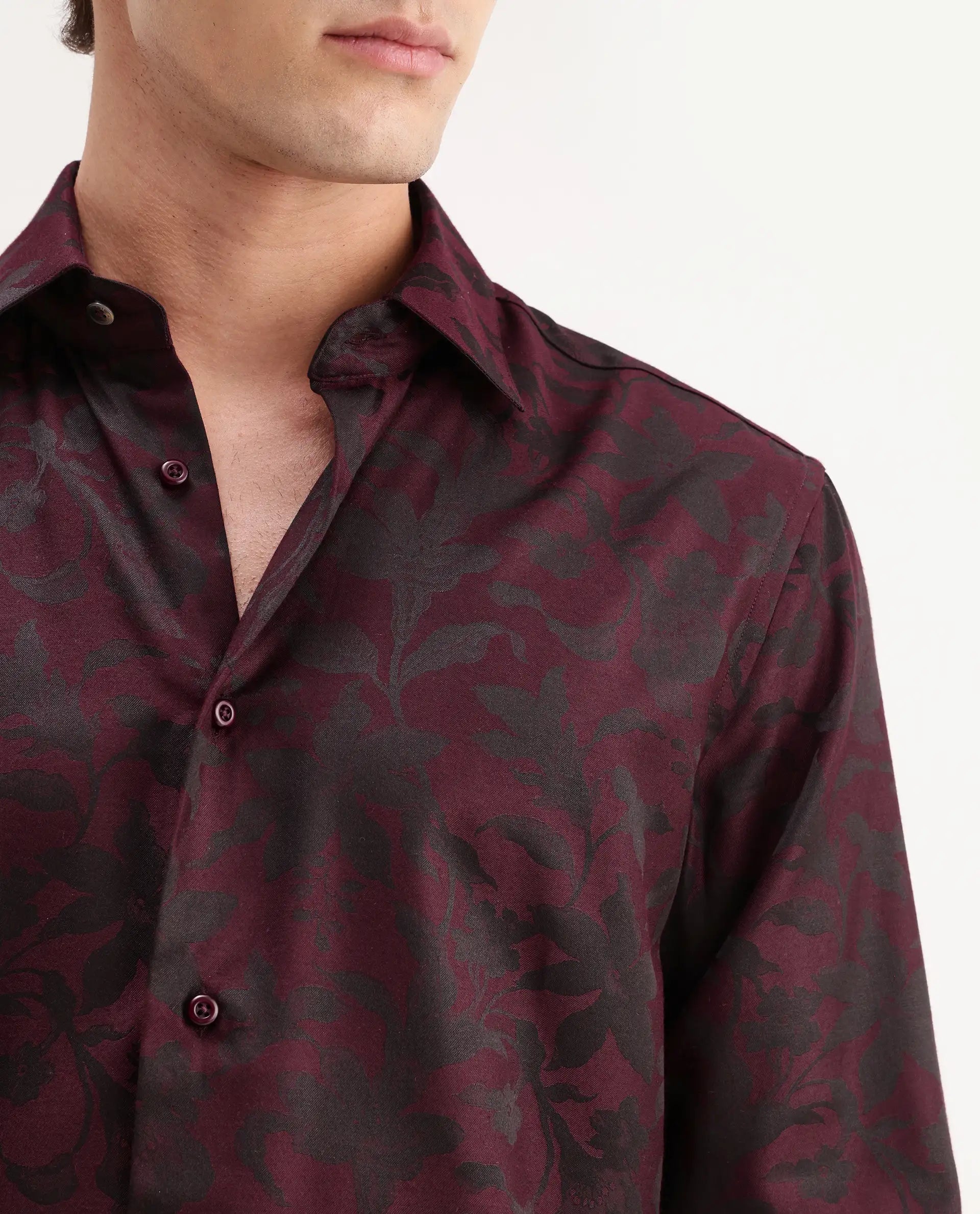 Rare Rabbit Men's Rezo Maroon Polyester Blend Spread Collar Button Regular Floral Print Print Shirt