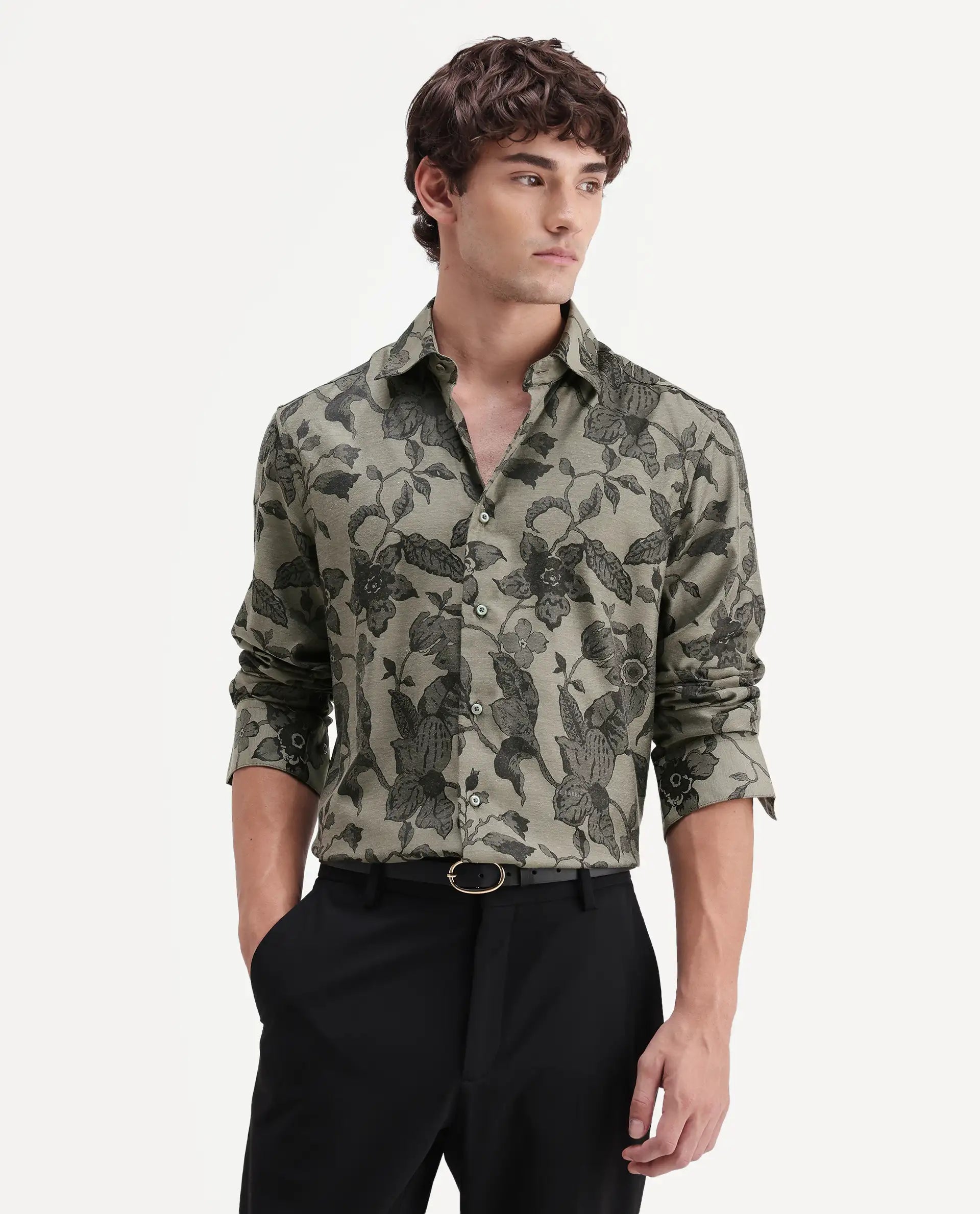 Rare Rabbit Men's Nomo Dark Green Polyester Blend Fabric Spread Collar Regular Fit Floral Print Shirt