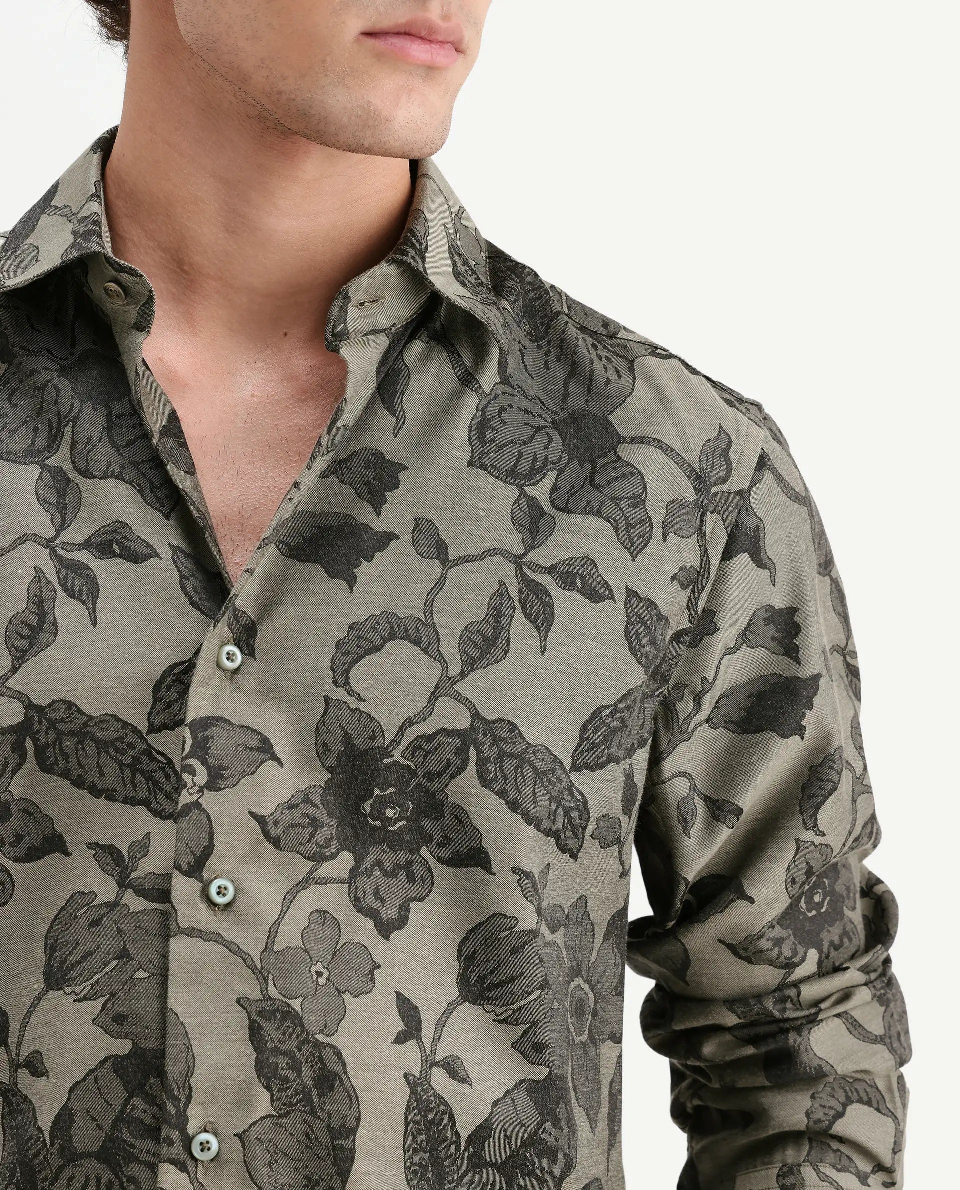 Rare Rabbit Men's Nomo Dark Green Polyester Blend Fabric Spread Collar Regular Fit Floral Print Shirt