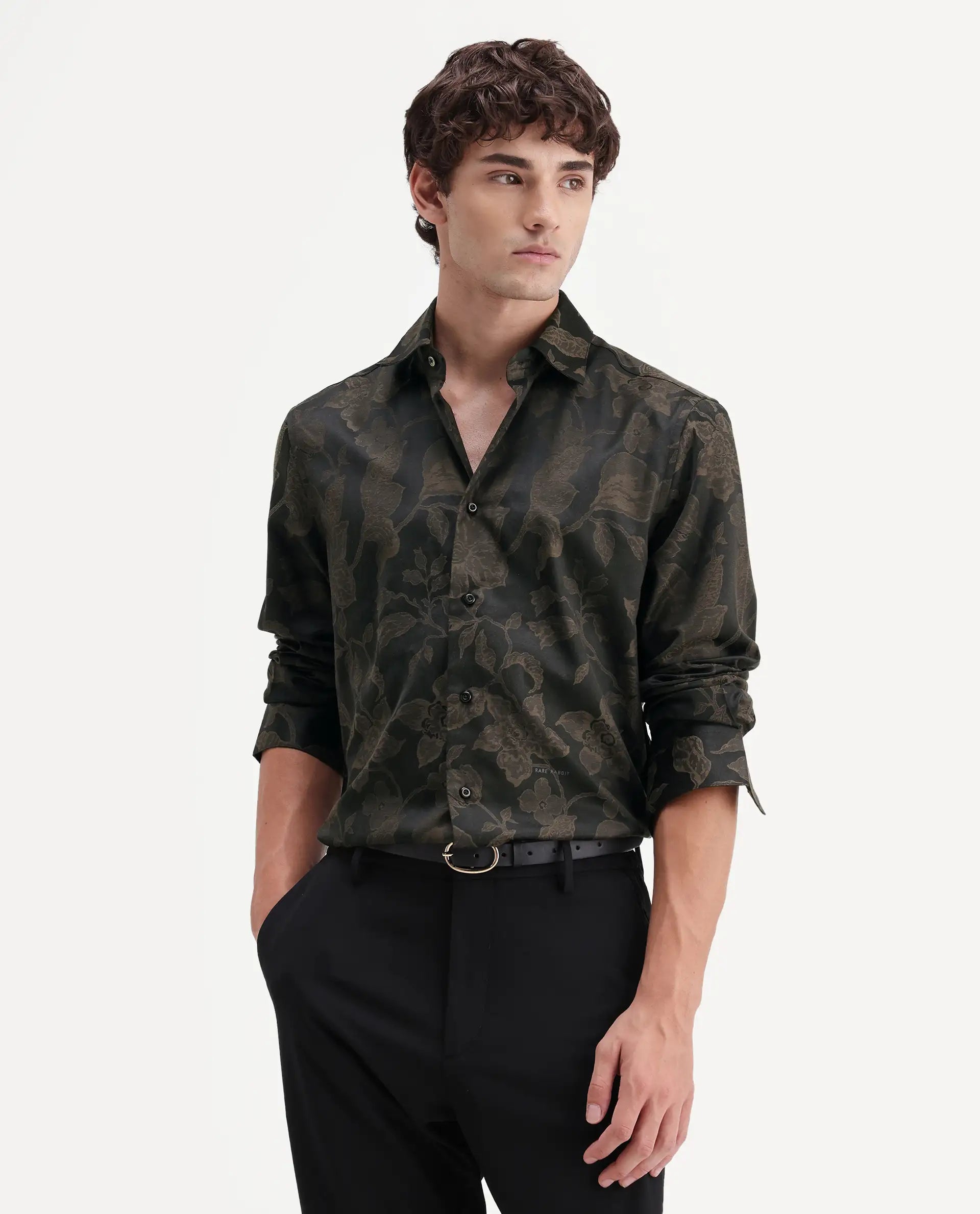 Rare Rabbit Men's Nomo Black Polyester Blend Fabric Spread Collar Regular Fit Jacquard Shirt