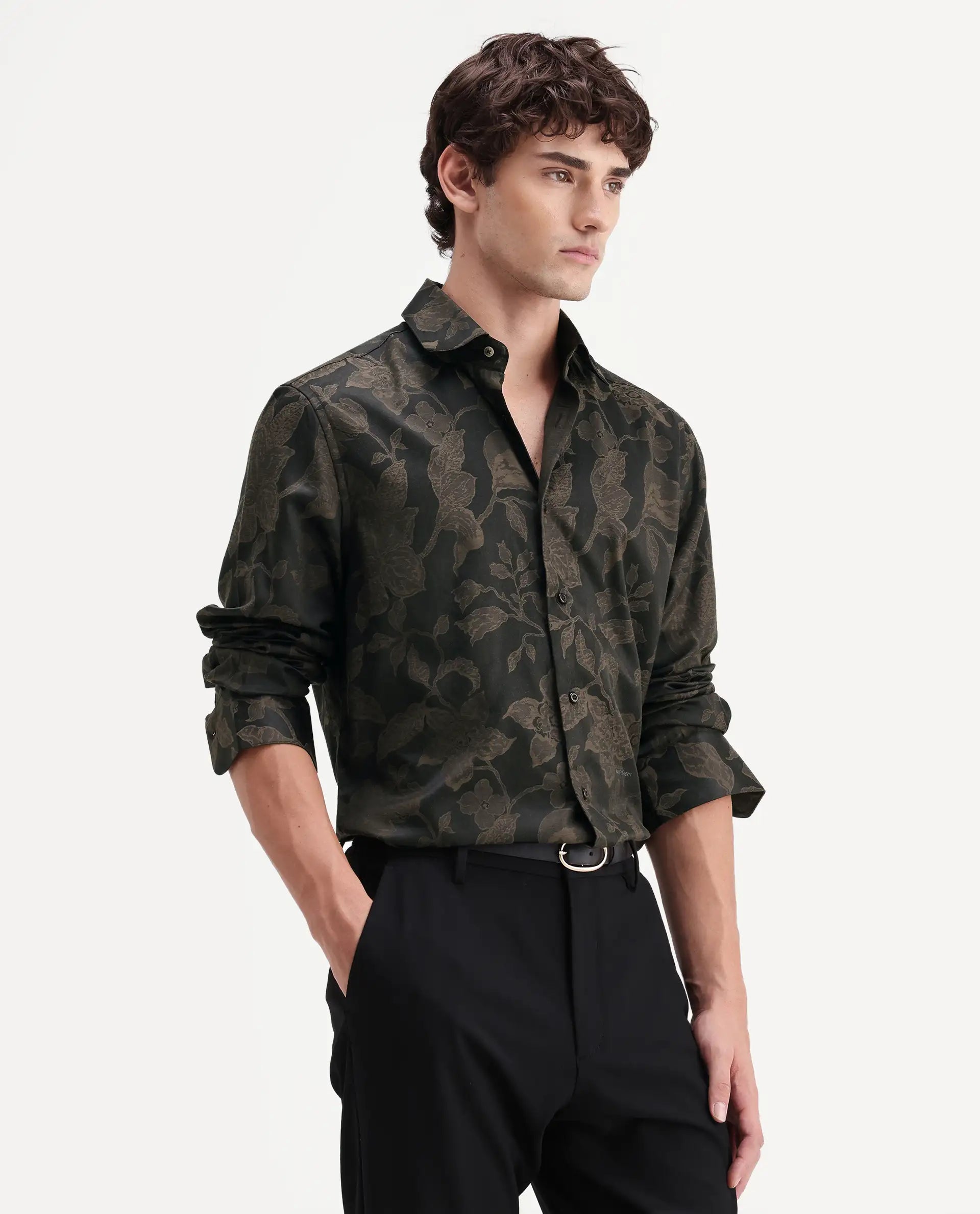 Rare Rabbit Men's Nomo Black Polyester Blend Fabric Spread Collar Regular Fit Jacquard Shirt