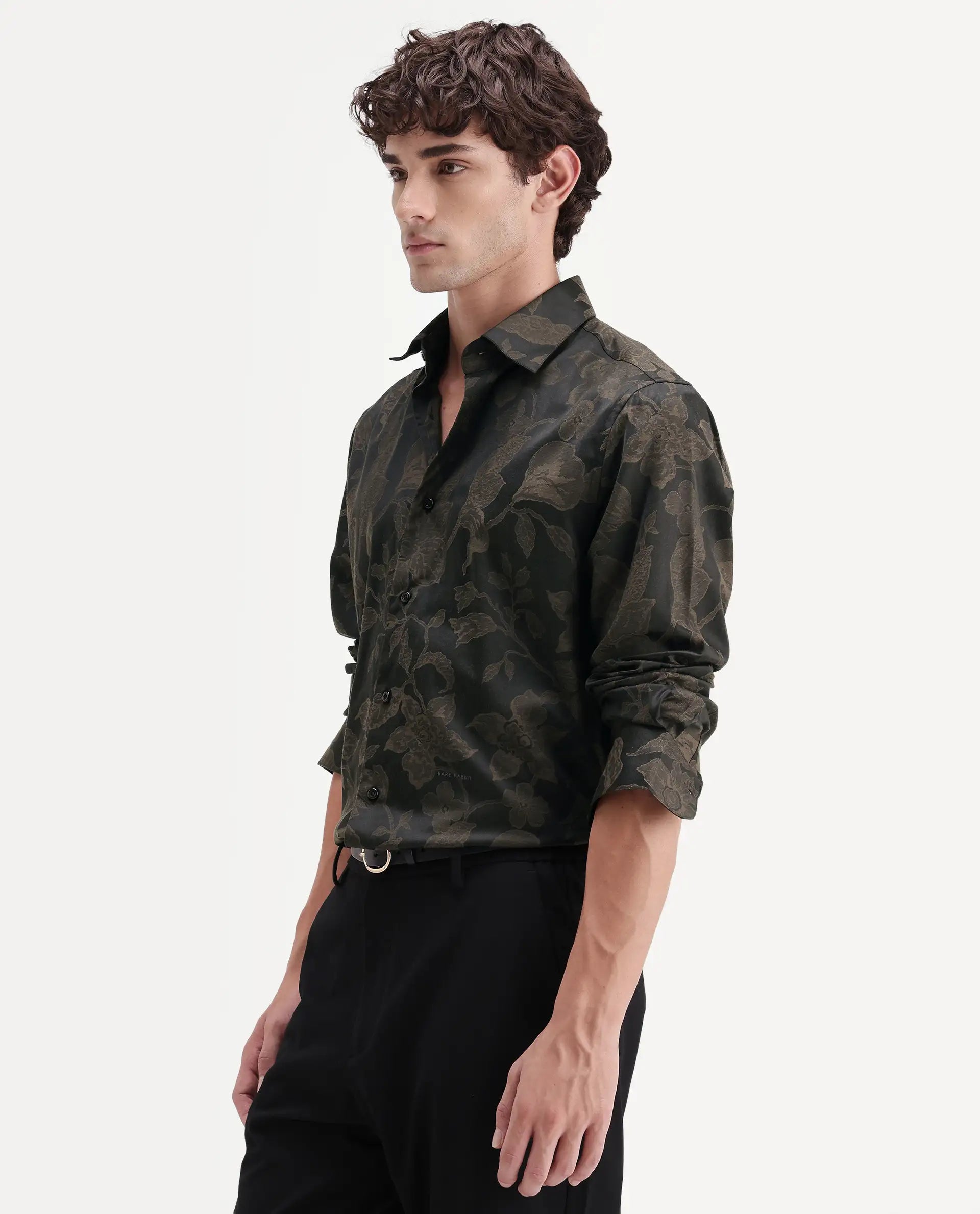 Rare Rabbit Men's Nomo Black Polyester Blend Fabric Spread Collar Regular Fit Jacquard Shirt